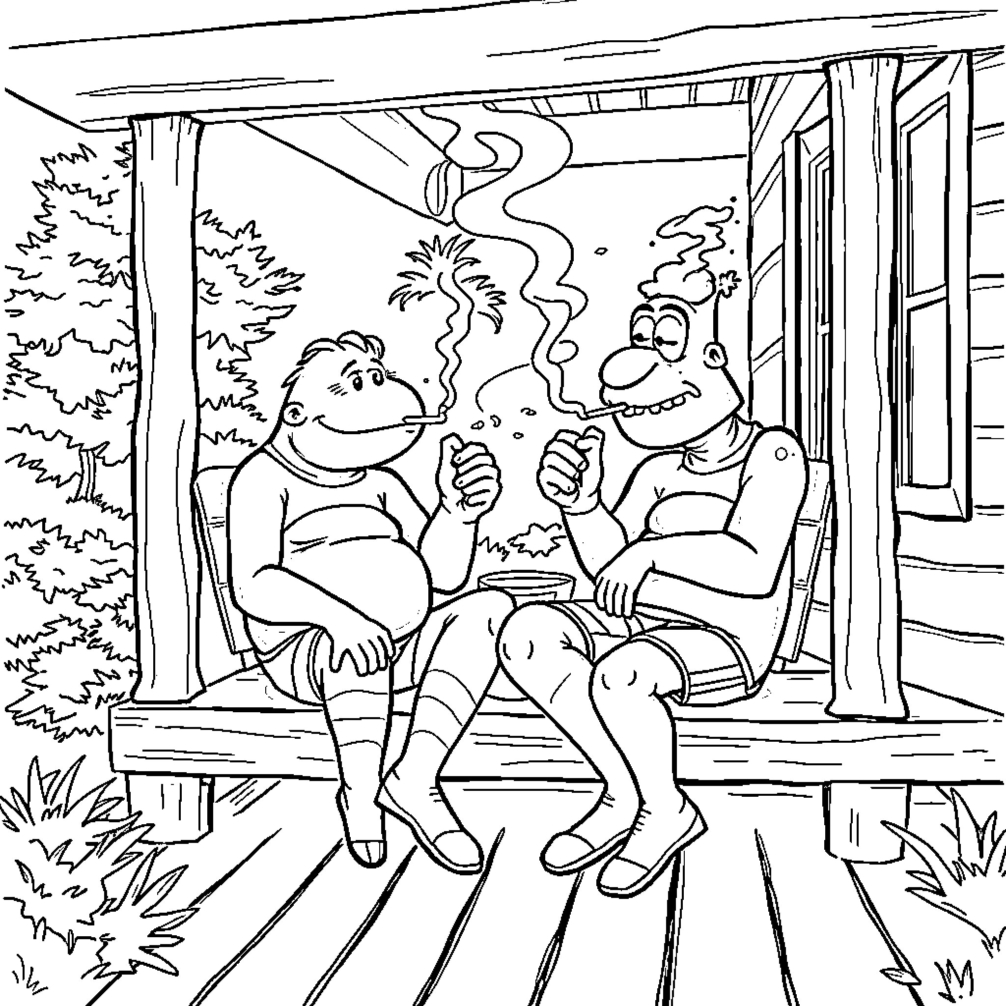 Crag dwellers relaxing on porch Coloring Page (free black-and-white line drawing printable PDF for all, from beginners to advanced learners, including children, teens, adults, and seniors)