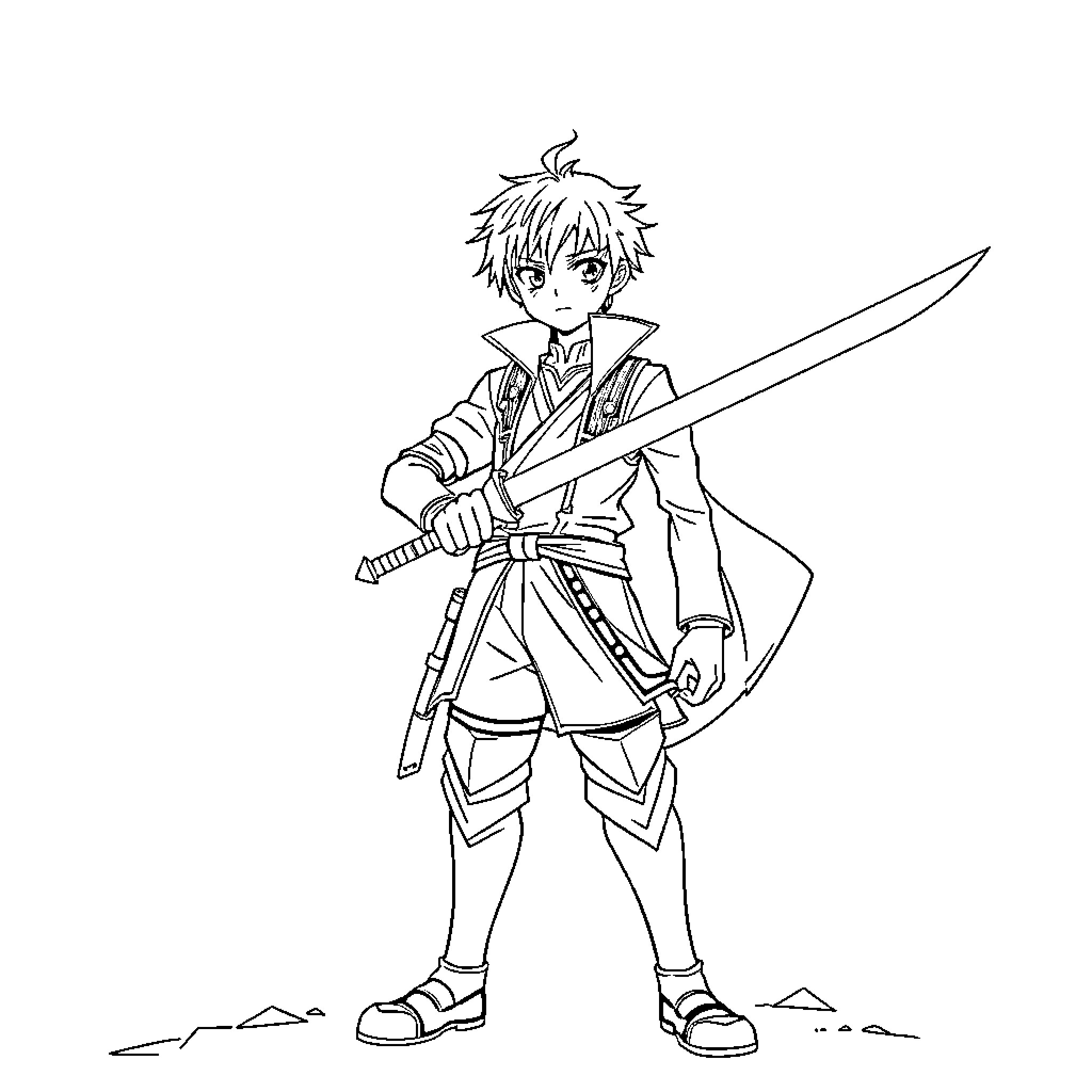 Kirito in Heroic Pose with Sword Coloring Page (free black-and-white line drawing printable PDF for all, from beginners to advanced learners, including children, teens, adults, and seniors)