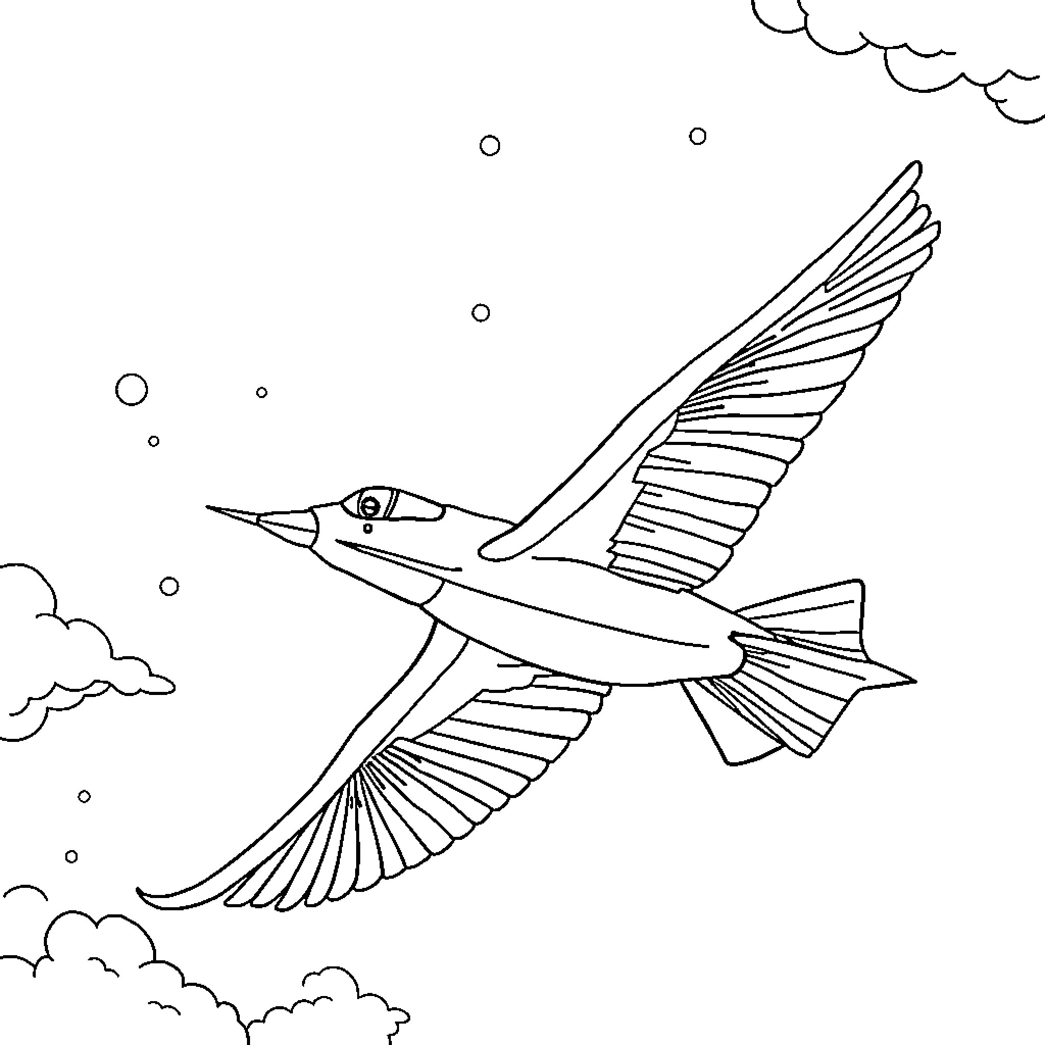 Jet soaring through the clouds Coloring Page (free black-and-white line drawing printable PDF for all, from beginners to advanced learners, including children, teens, adults, and seniors)