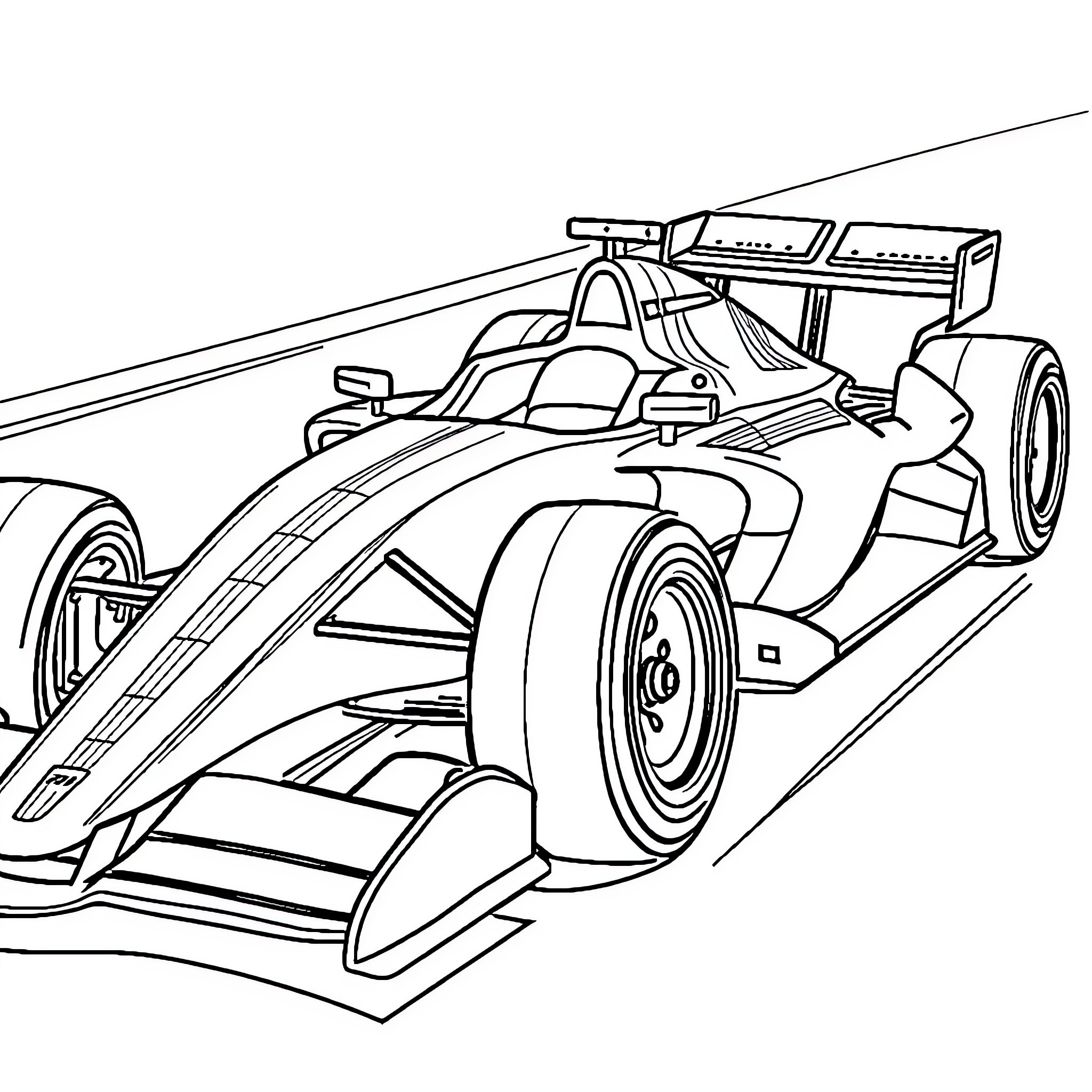 Formula 1 Car speeding on race track Coloring Page (free black-and-white line drawing printable PDF for all, from beginners to advanced learners, including children, teens, adults, and seniors)