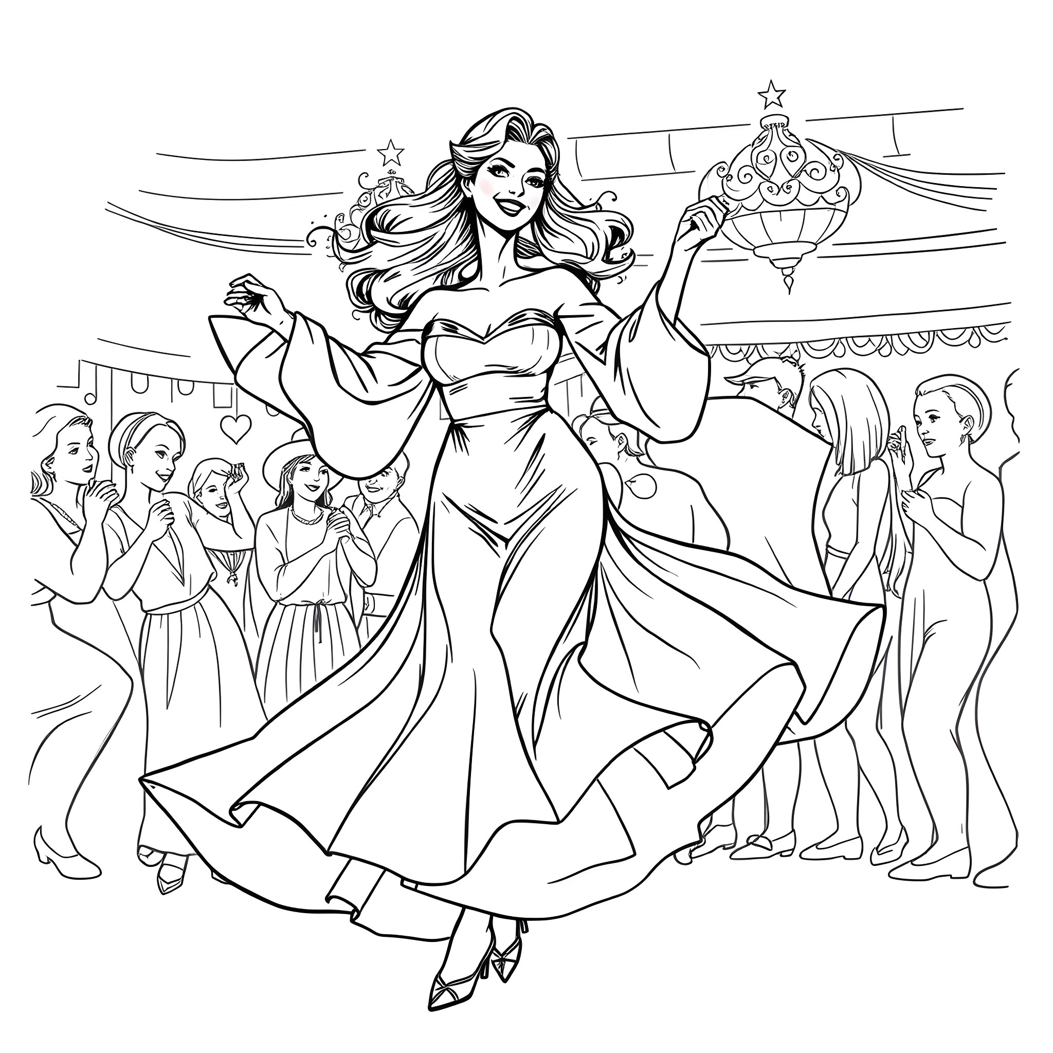 Woman in beautiful dress dancing with others in celebration Coloring Page (free black-and-white line drawing printable PDF for all, from beginners to advanced learners, including children, teens, adults, and seniors)