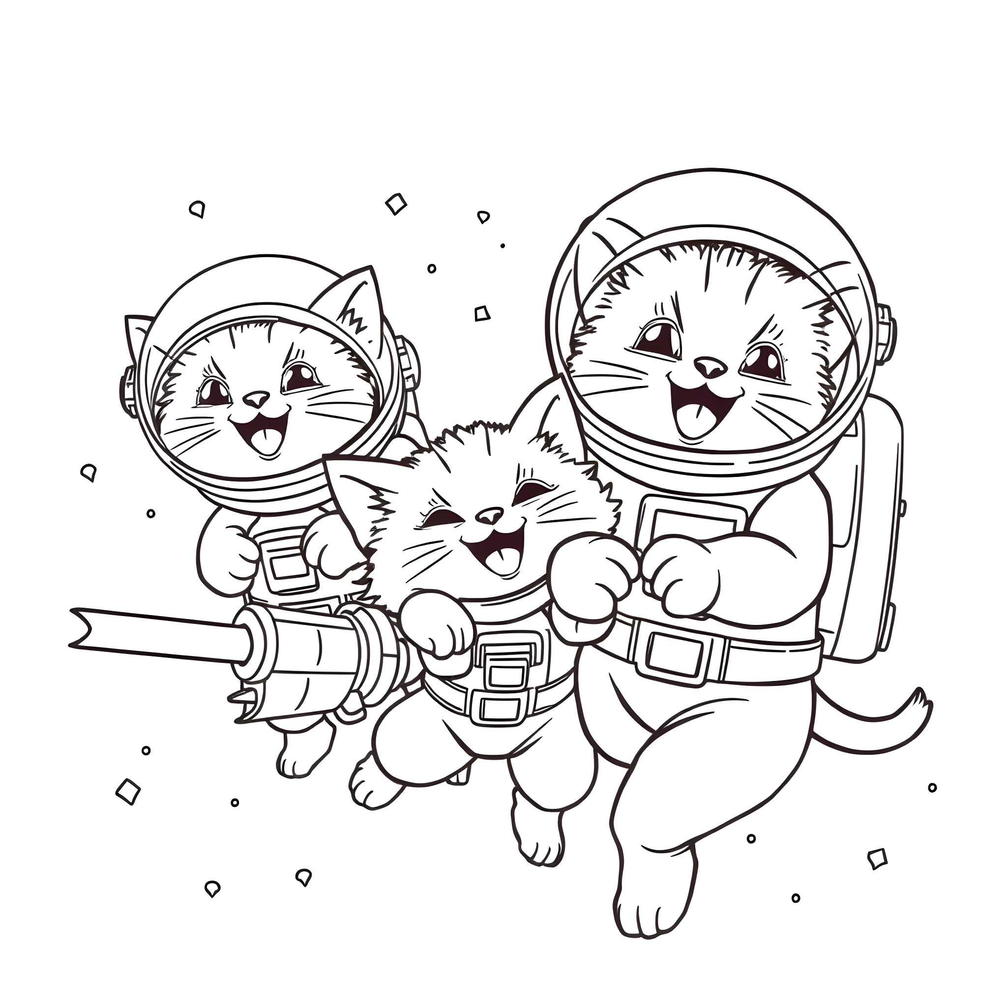 Astronaut Kittens Exploring Space with Excitement Coloring Page (free black-and-white line drawing printable PDF for all, from beginners to advanced learners, including children, teens, adults, and seniors)