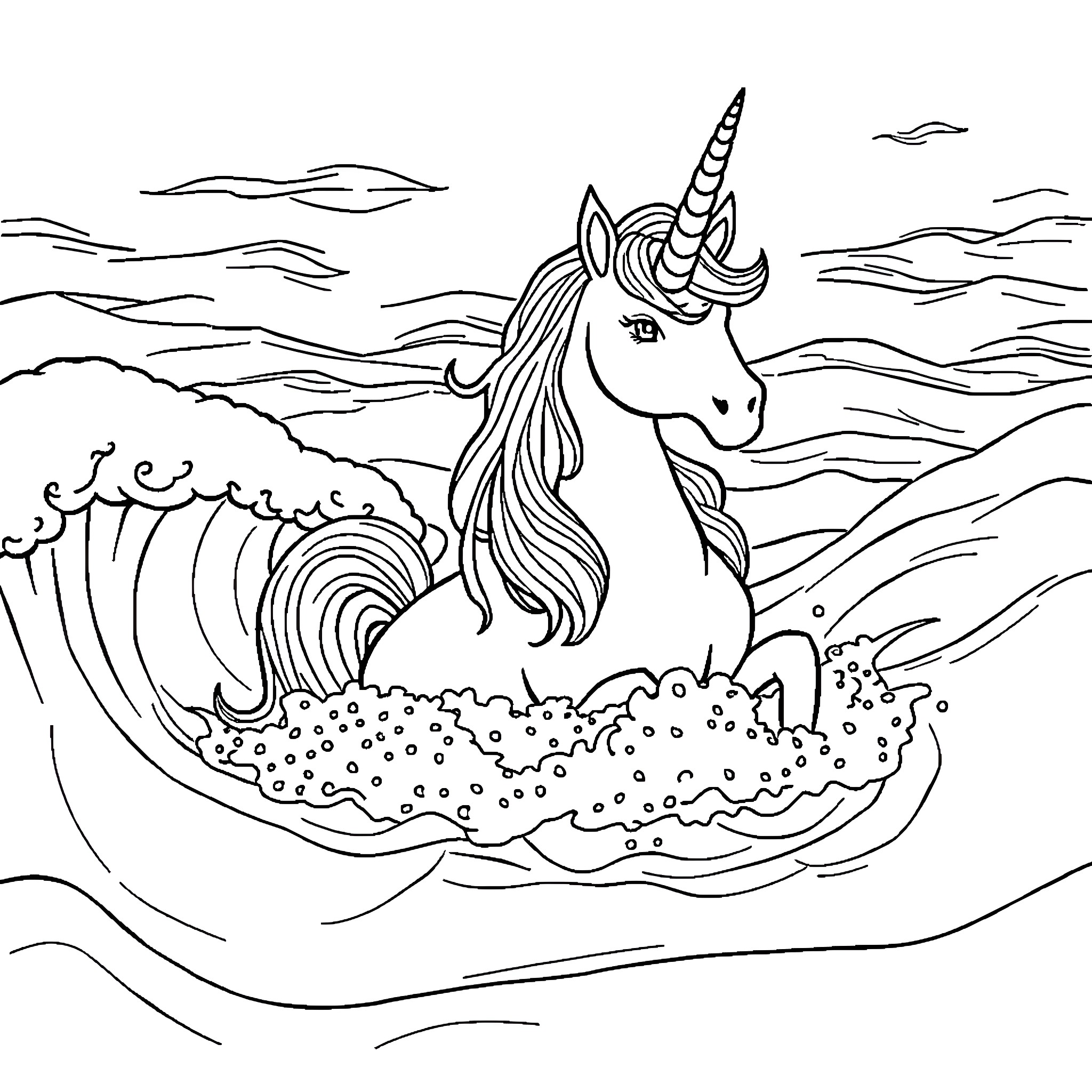 Unicorn riding magical waves in the ocean Coloring Page (free black-and-white line drawing printable PDF for all, from beginners to advanced learners, including children, teens, adults, and seniors)