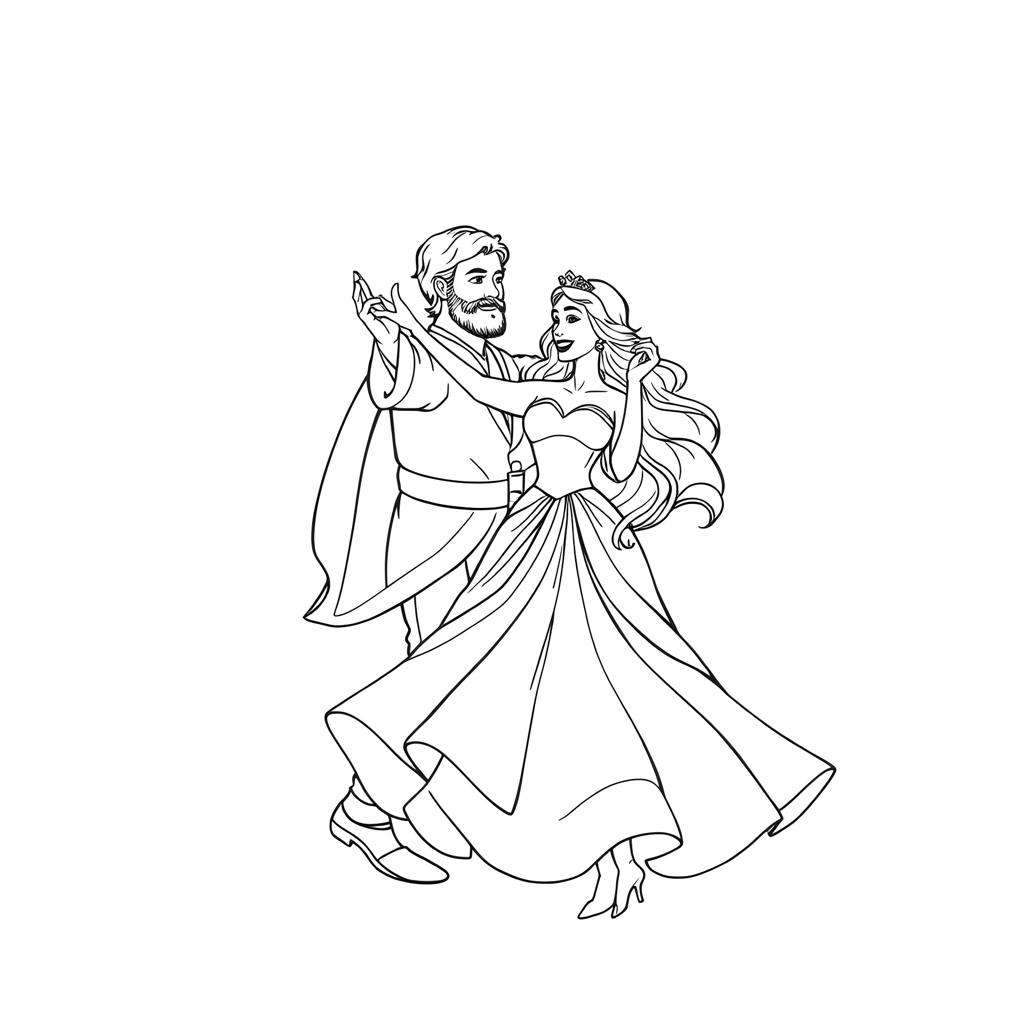 Princess and Prince Dancing in Formal Attire Coloring Page (free black-and-white line drawing printable PDF for all, from beginners to advanced learners, including children, teens, adults, and seniors)