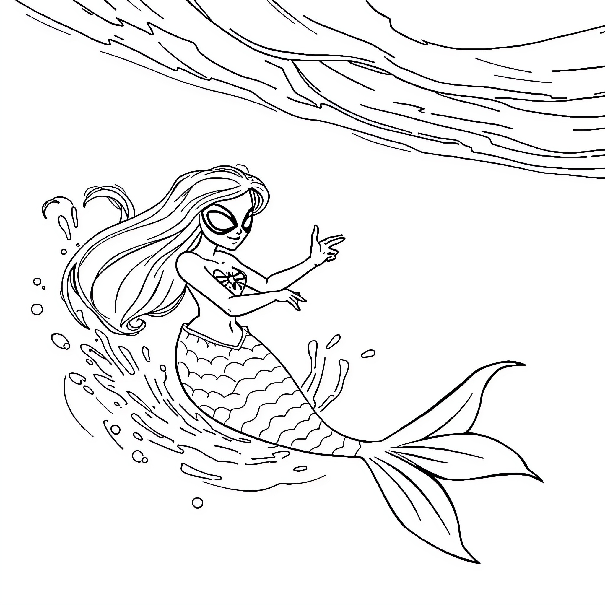 Mermaid swimming gracefully in the ocean Coloring Page (free black-and-white line drawing printable PDF for all, from beginners to advanced learners, including children, teens, adults, and seniors)