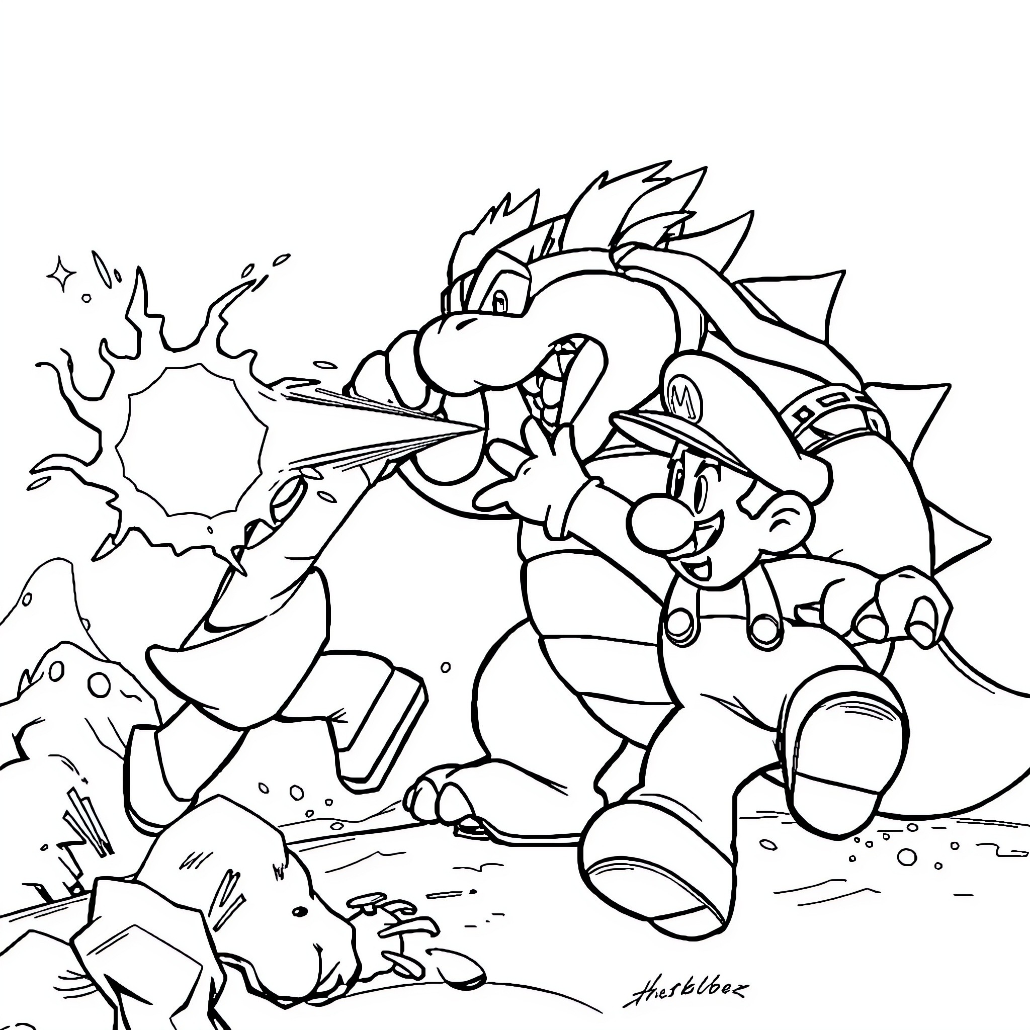 Mario's Heroic Adventure Amid Fiery Obstacles Coloring Page (free black-and-white line drawing printable PDF for all, from beginners to advanced learners, including children, teens, adults, and seniors)