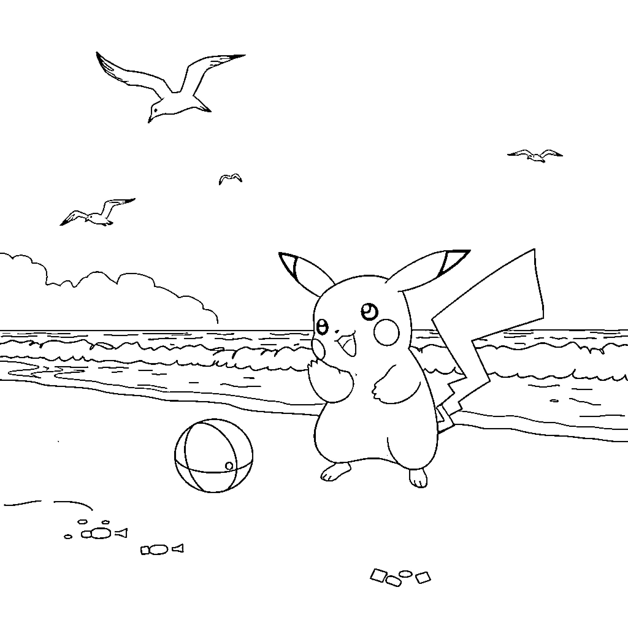 Pikachu enjoying a day at the beach Coloring Page (free black-and-white line drawing printable PDF for all, from beginners to advanced learners, including children, teens, adults, and seniors)