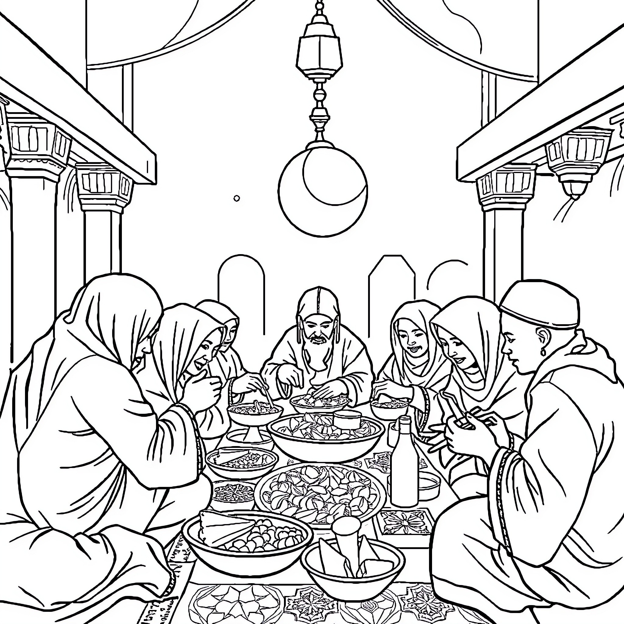 Tung Tung Sharing a Meal in a Traditional Setting Coloring Page (free black-and-white line drawing printable PDF for all, from beginners to advanced learners, including children, teens, adults, and seniors)