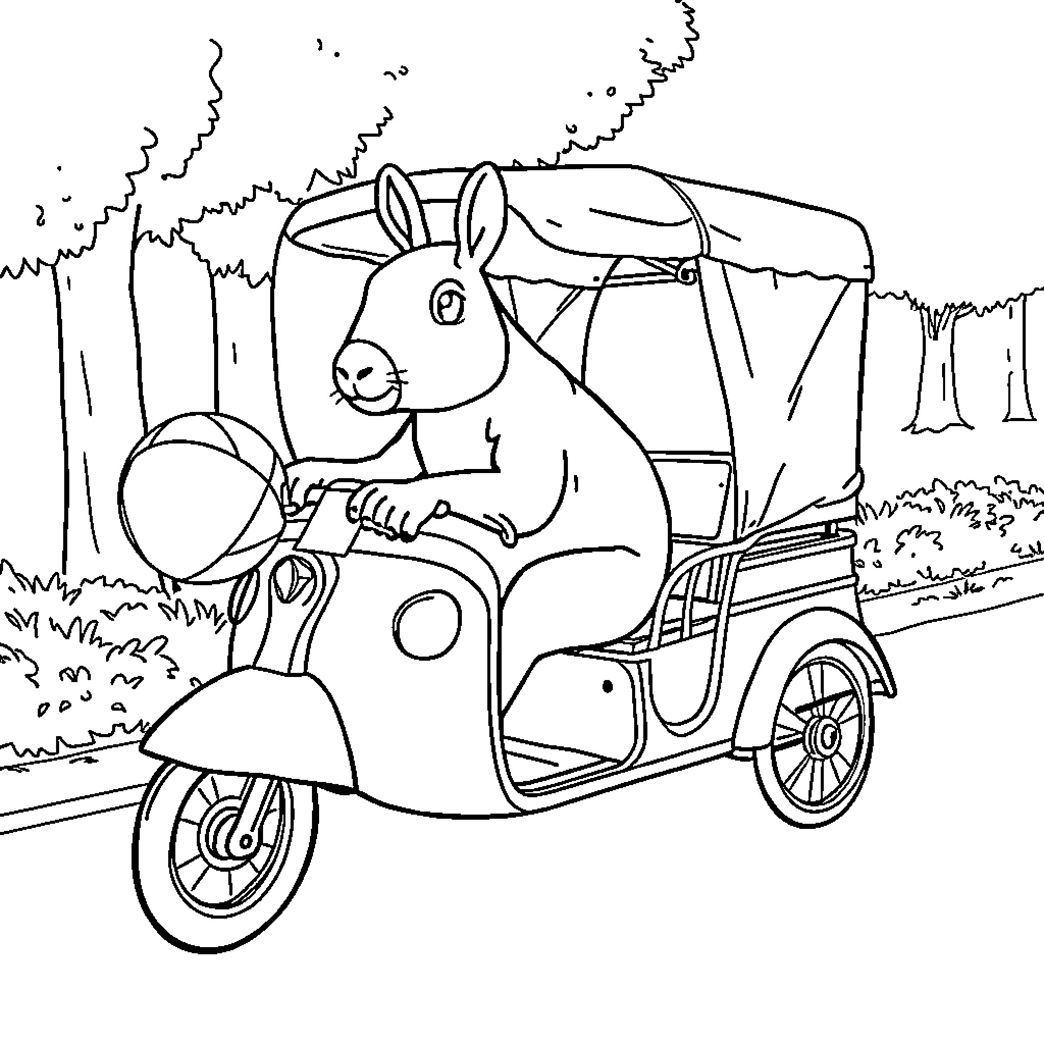 Capibara riding a scooter in the forest Coloring Page (free black-and-white line drawing printable PDF for all, from beginners to advanced learners, including children, teens, adults, and seniors)