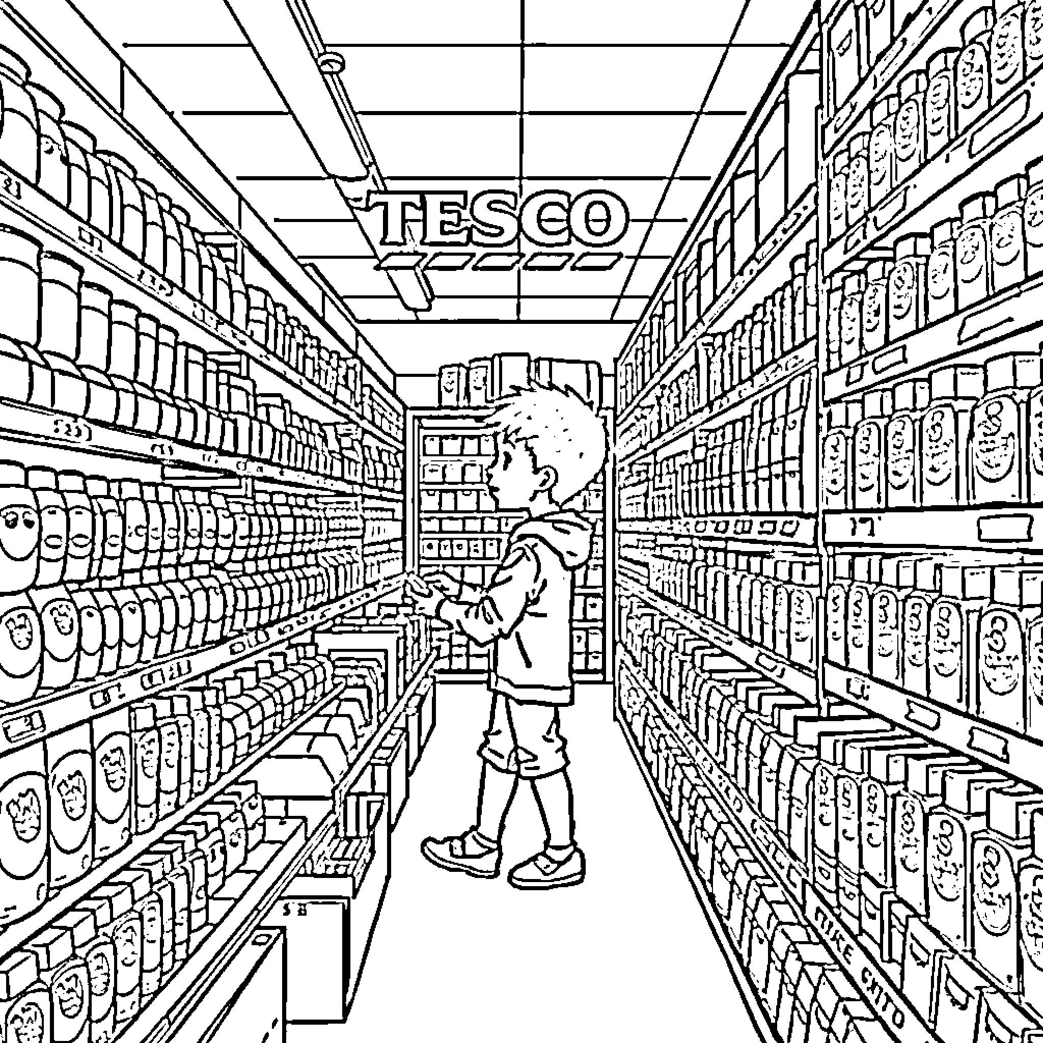 Boy exploring grocery store shelves Coloring Page (free black-and-white line drawing printable PDF for all, from beginners to advanced learners, including children, teens, adults, and seniors)