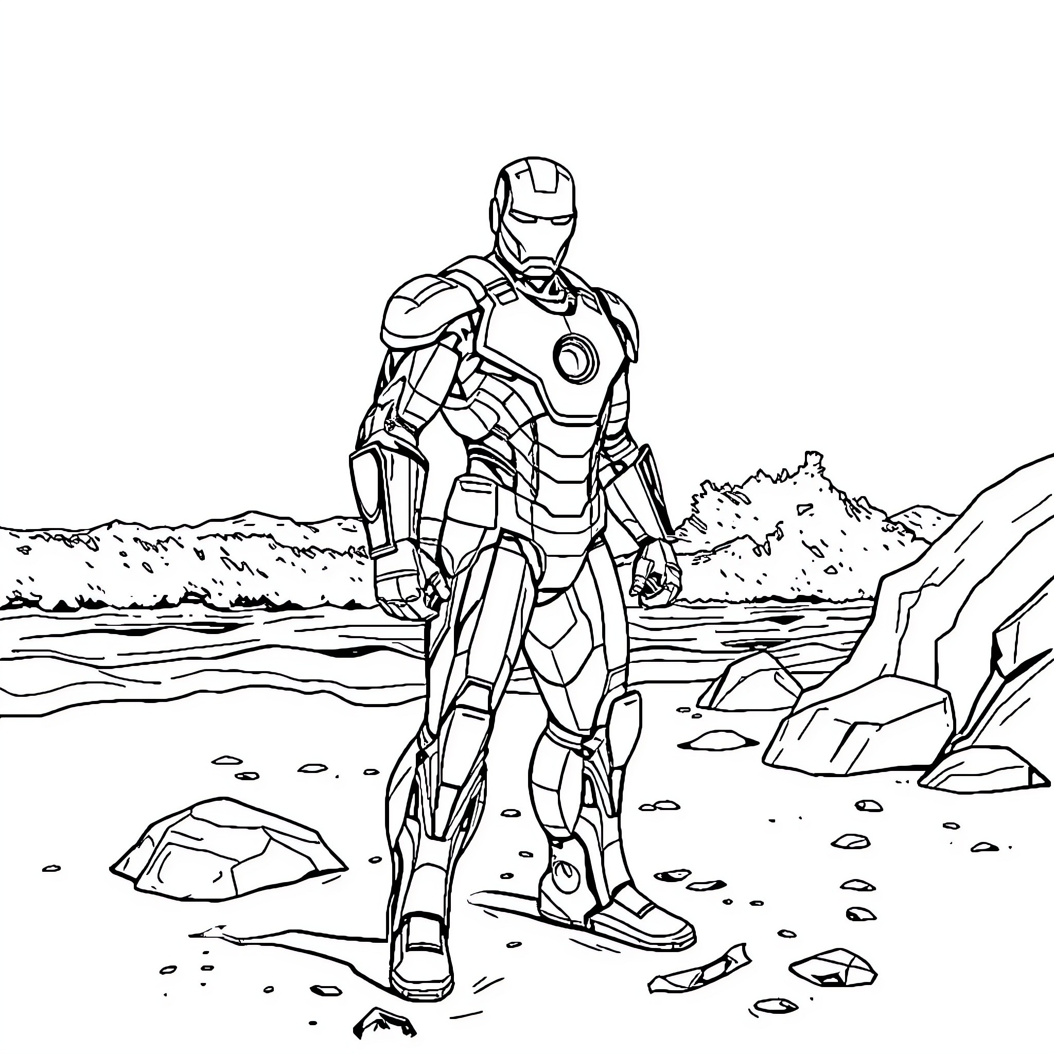 Ironman in action pose on rocky terrain Coloring Page (free black-and-white line drawing printable PDF for all, from beginners to advanced learners, including children, teens, adults, and seniors)