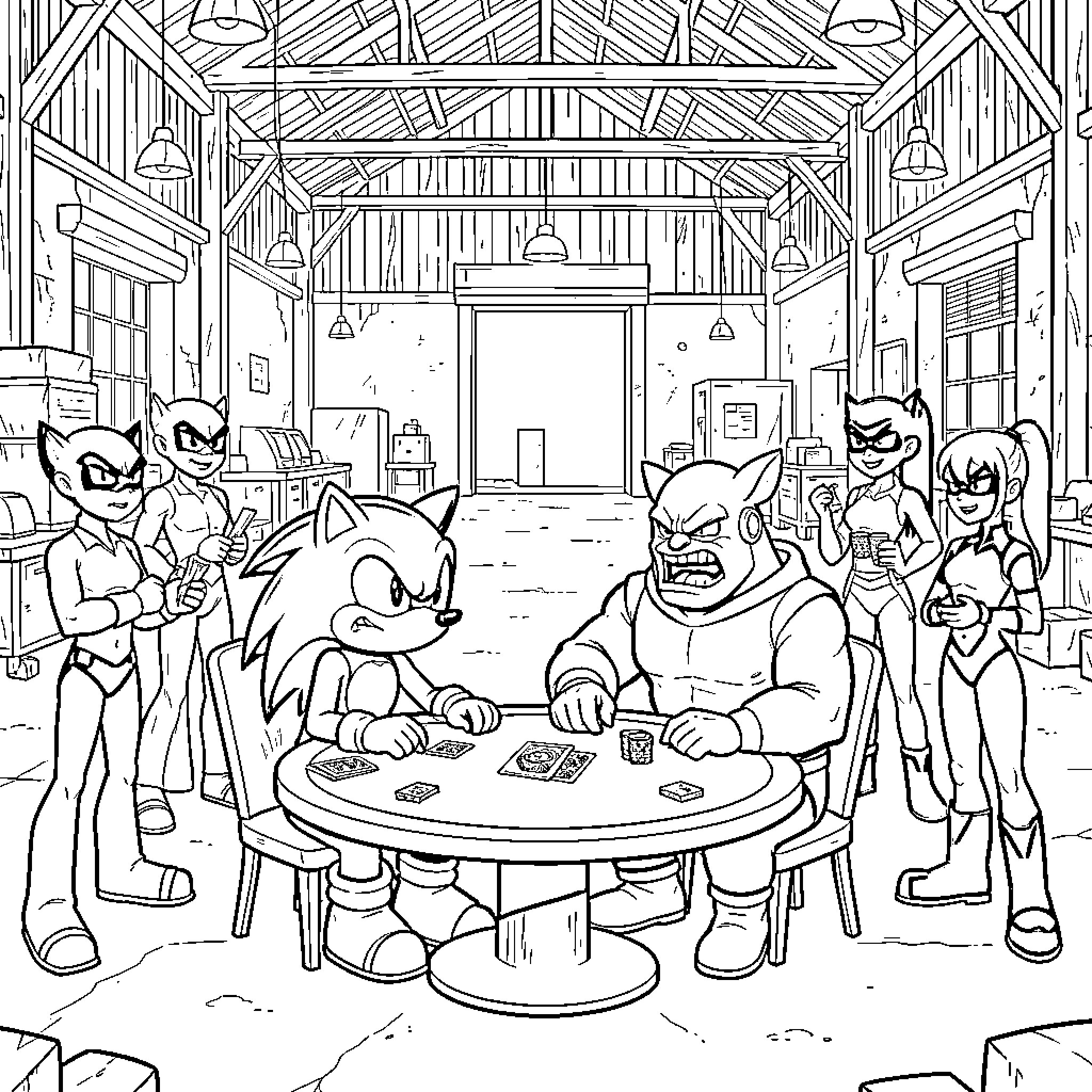 Sonic and rivals playing cards in a warehouse Coloring Page (free black-and-white line drawing printable PDF for all, from beginners to advanced learners, including children, teens, adults, and seniors)