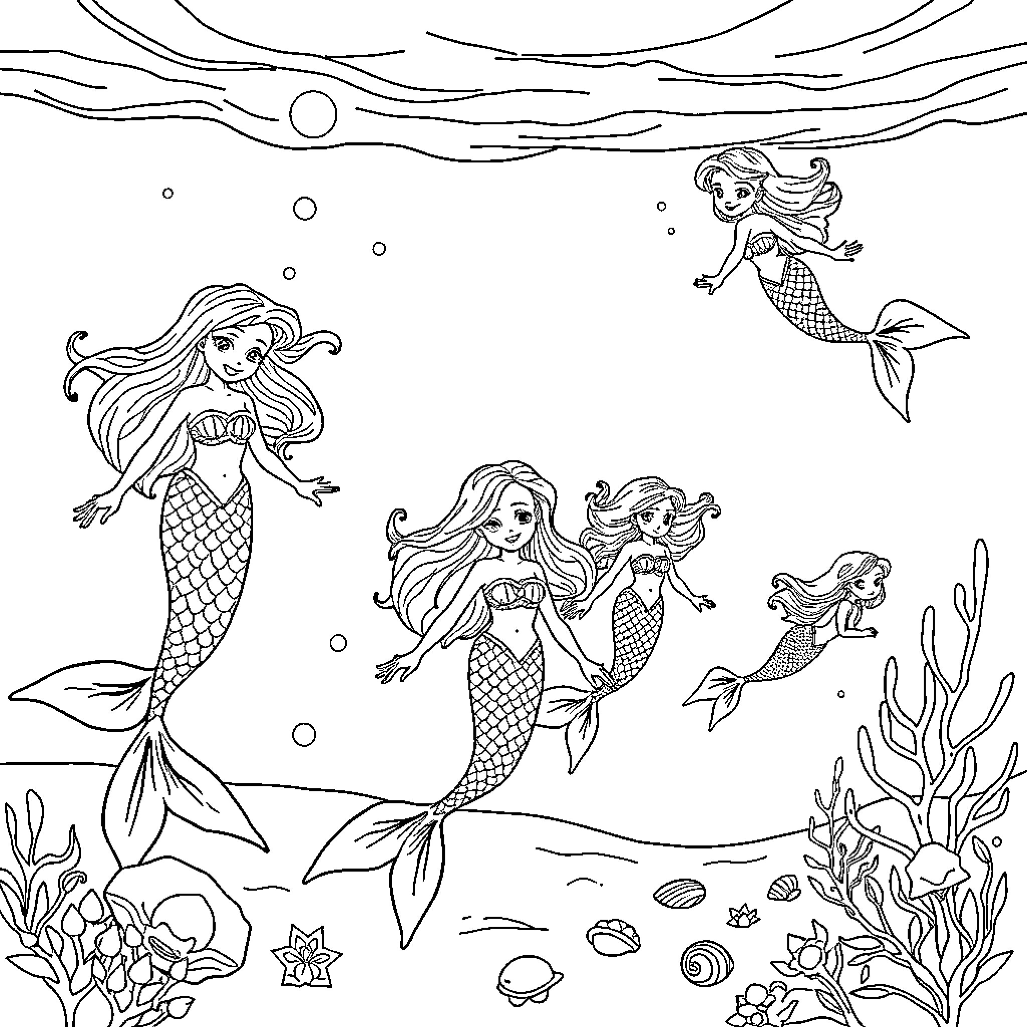 Mermaid family swimming in the underwater world Coloring Page (free black-and-white line drawing printable PDF for all, from beginners to advanced learners, including children, teens, adults, and seniors)