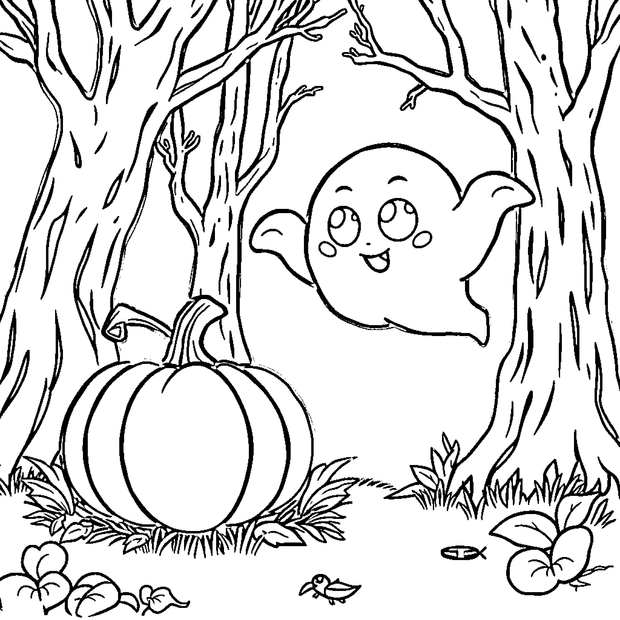 Pumpkin and friendly ghost in autumn forest Coloring Page (free black-and-white line drawing printable PDF for all, from beginners to advanced learners, including children, teens, adults, and seniors)
