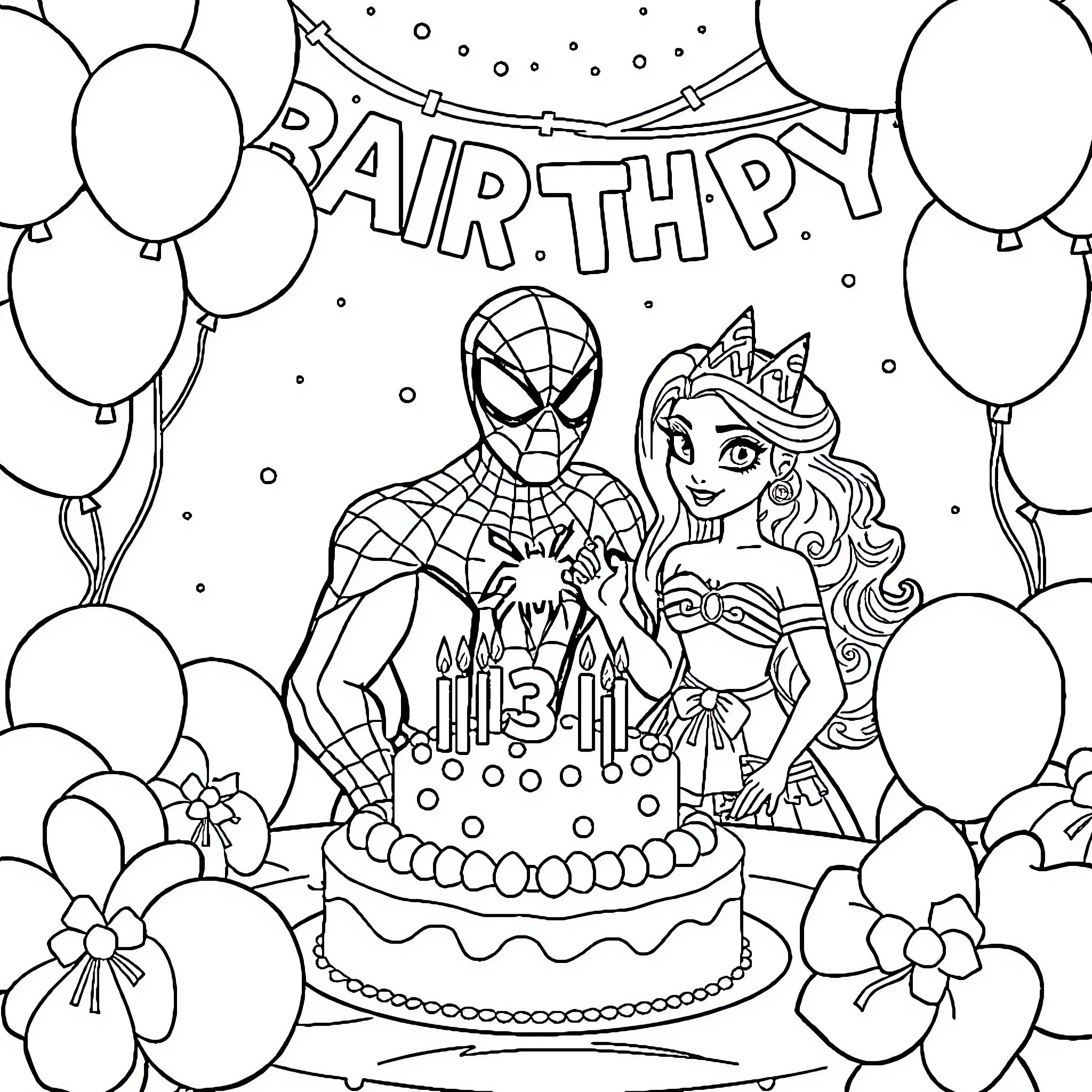 Spiderman and a princess celebrating birthday party Coloring Page (free black-and-white line drawing printable PDF for all, from beginners to advanced learners, including children, teens, adults, and seniors)