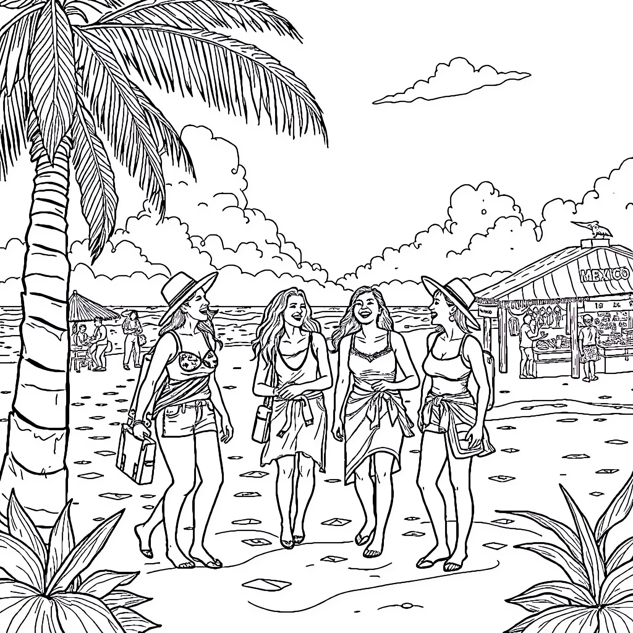 Friend walking together on the beach Coloring Page (free black-and-white line drawing printable PDF for all, from beginners to advanced learners, including children, teens, adults, and seniors)
