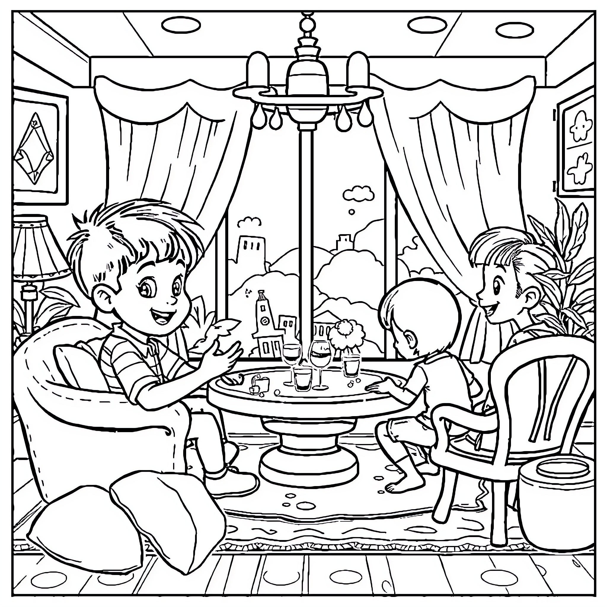 Pumuda Friends Enjoy Teatime in Cozy Home Coloring Page (free black-and-white line drawing printable PDF for all, from beginners to advanced learners, including children, teens, adults, and seniors)