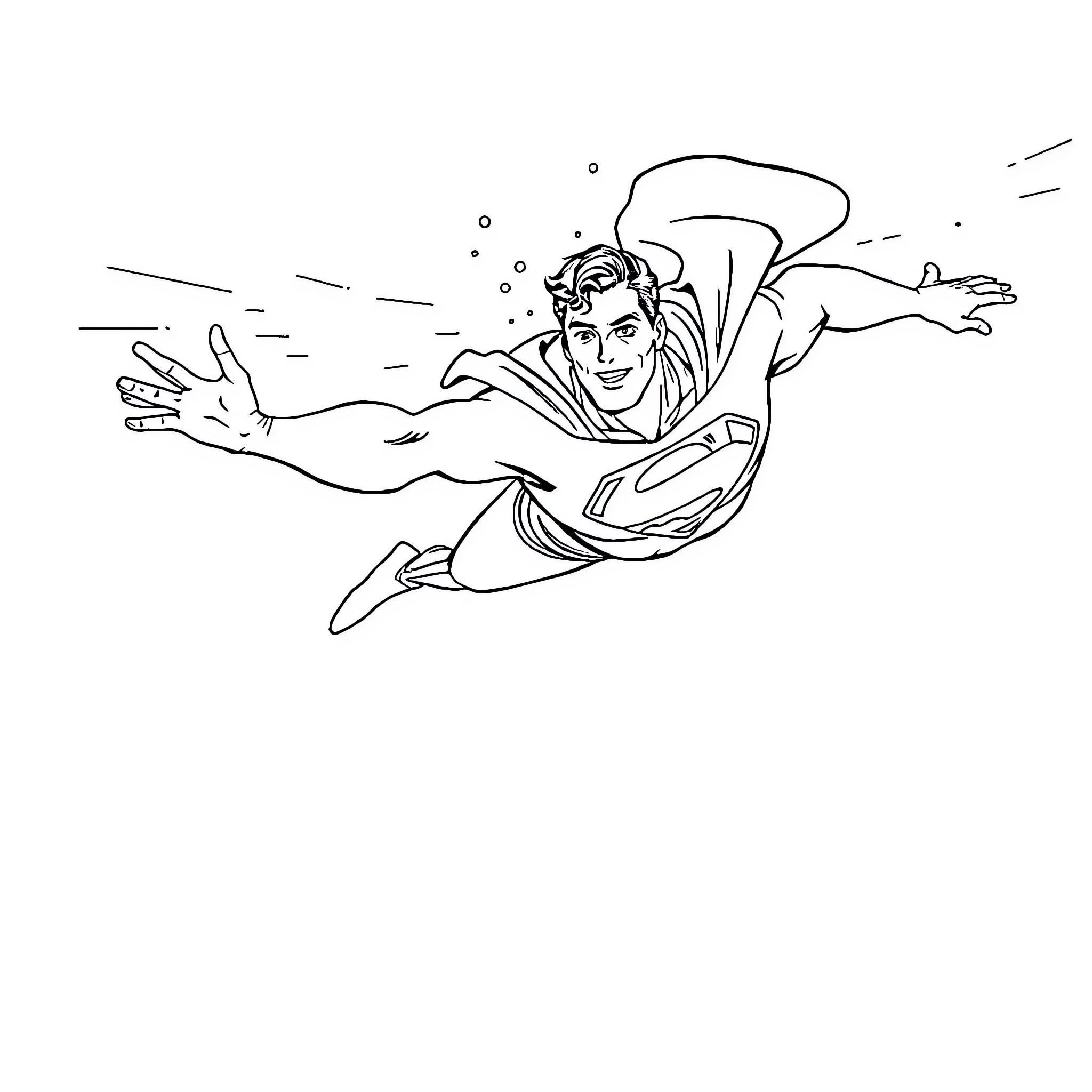 Superman soaring through the sky in heroic action Coloring Page (free black-and-white line drawing printable PDF for all, from beginners to advanced learners, including children, teens, adults, and seniors)