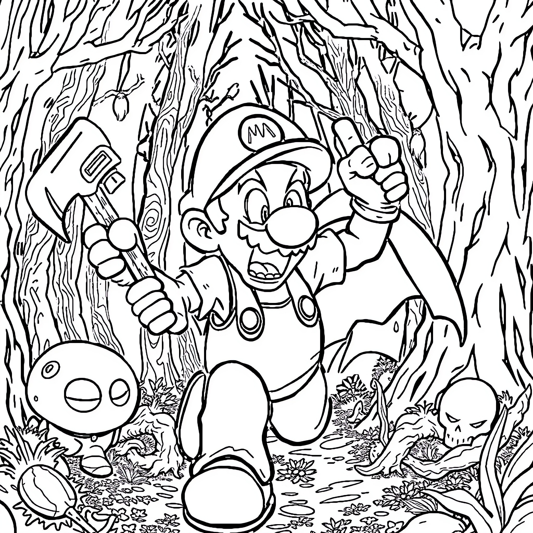 Zombie Mario Battles Undead Foes in Haunted Forest Coloring Page (free black-and-white line drawing printable PDF for all, from beginners to advanced learners, including children, teens, adults, and seniors)