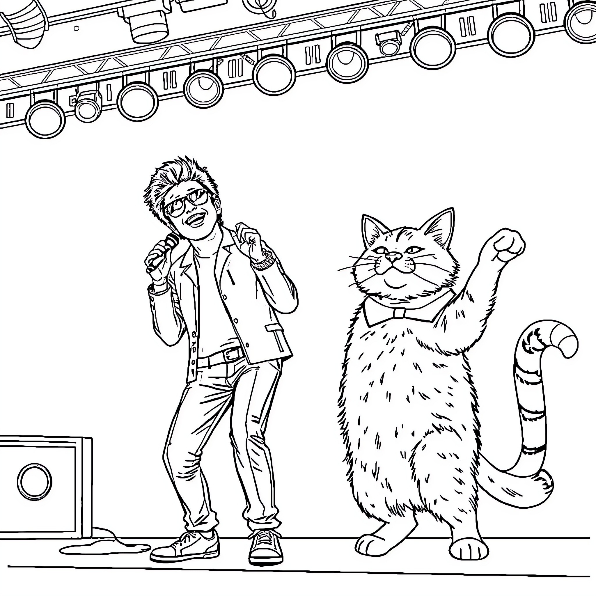 Bruno Mars performing with an animated cat assistant Coloring Page (free black-and-white line drawing printable PDF for all, from beginners to advanced learners, including children, teens, adults, and seniors)