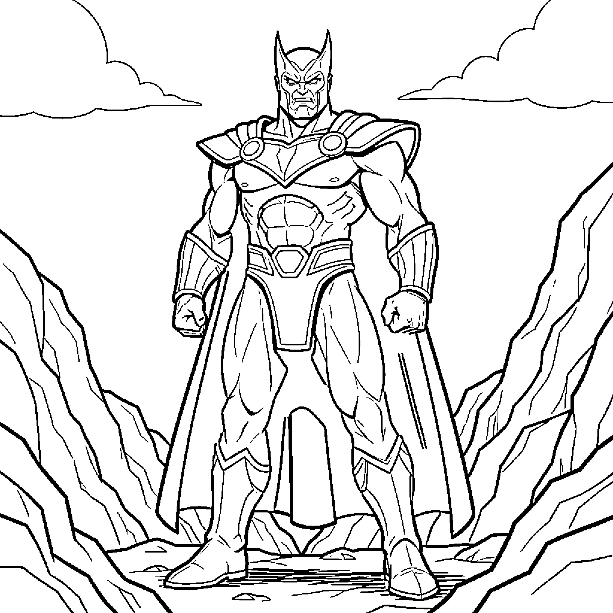 Darkseid standing powerfully amidst rocky mountains Coloring Page (free black-and-white line drawing printable PDF for all, from beginners to advanced learners, including children, teens, adults, and seniors)