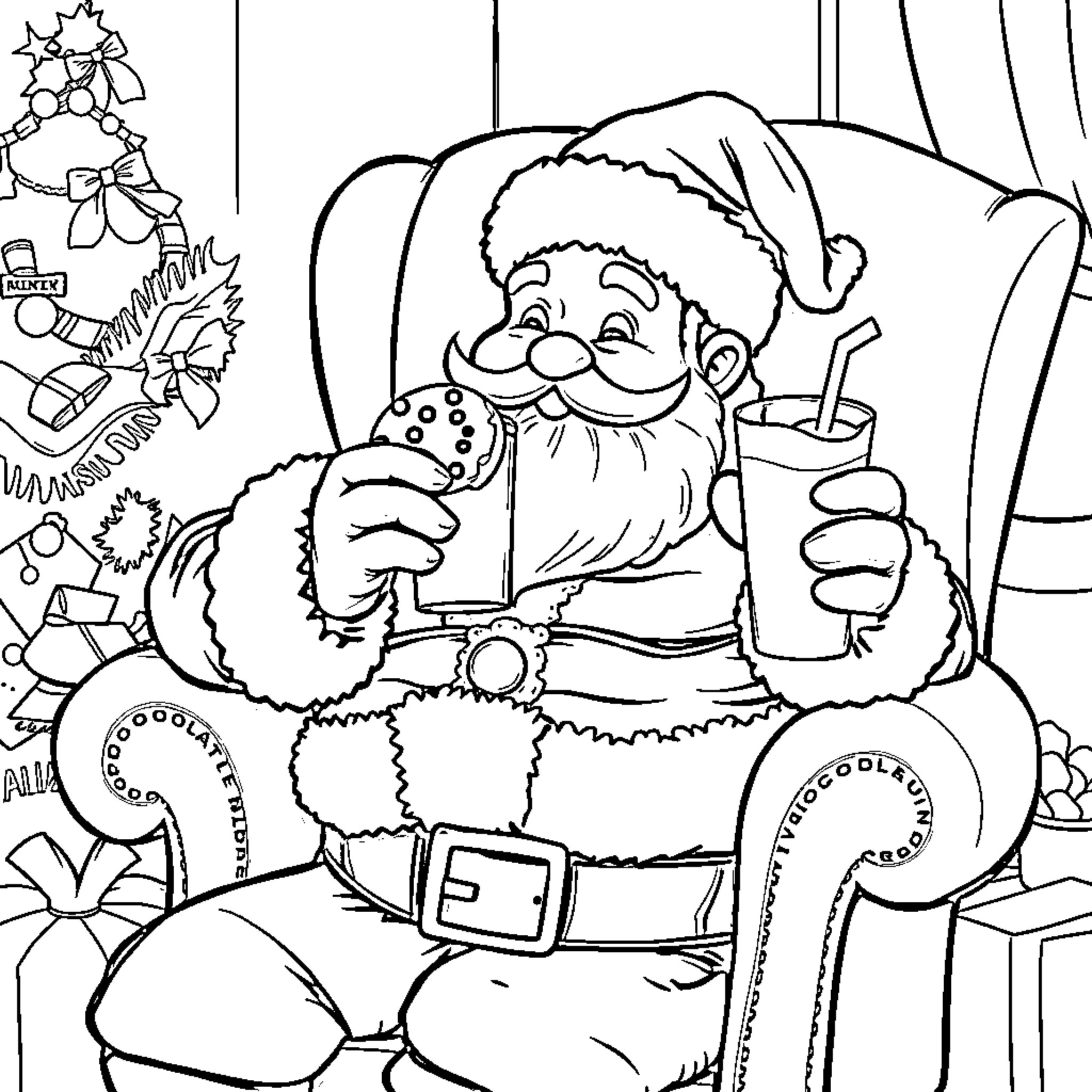 Santa enjoying a cookie and a drink Coloring Page (free black-and-white line drawing printable PDF for all, from beginners to advanced learners, including children, teens, adults, and seniors)