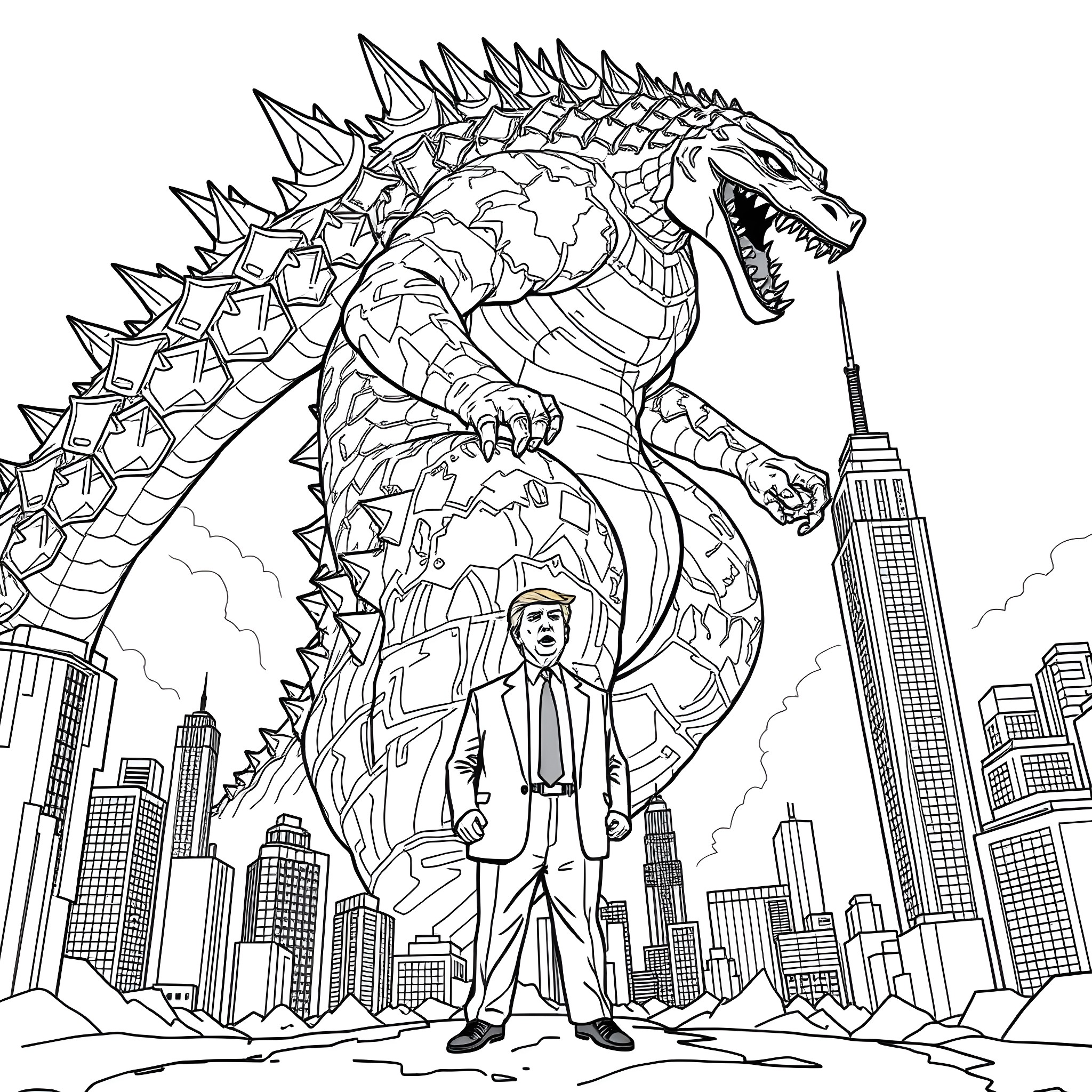 Godzilla crushing buildings with businessman in foreground Coloring Page (free black-and-white line drawing printable PDF for all, from beginners to advanced learners, including children, teens, adults, and seniors)