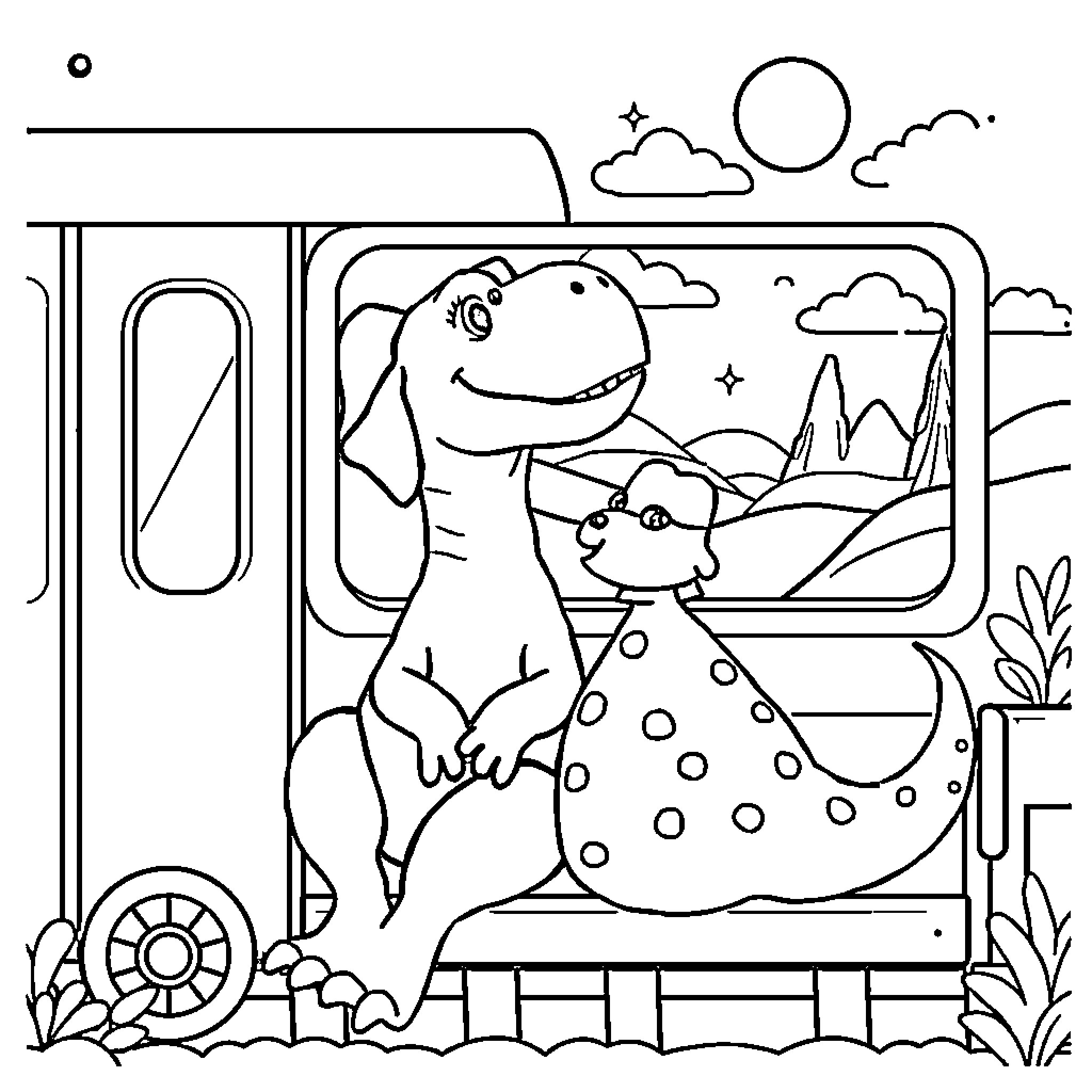 Dinosaurs on a Train Adventure Coloring Page (free black-and-white line drawing printable PDF for all, from beginners to advanced learners, including children, teens, adults, and seniors)