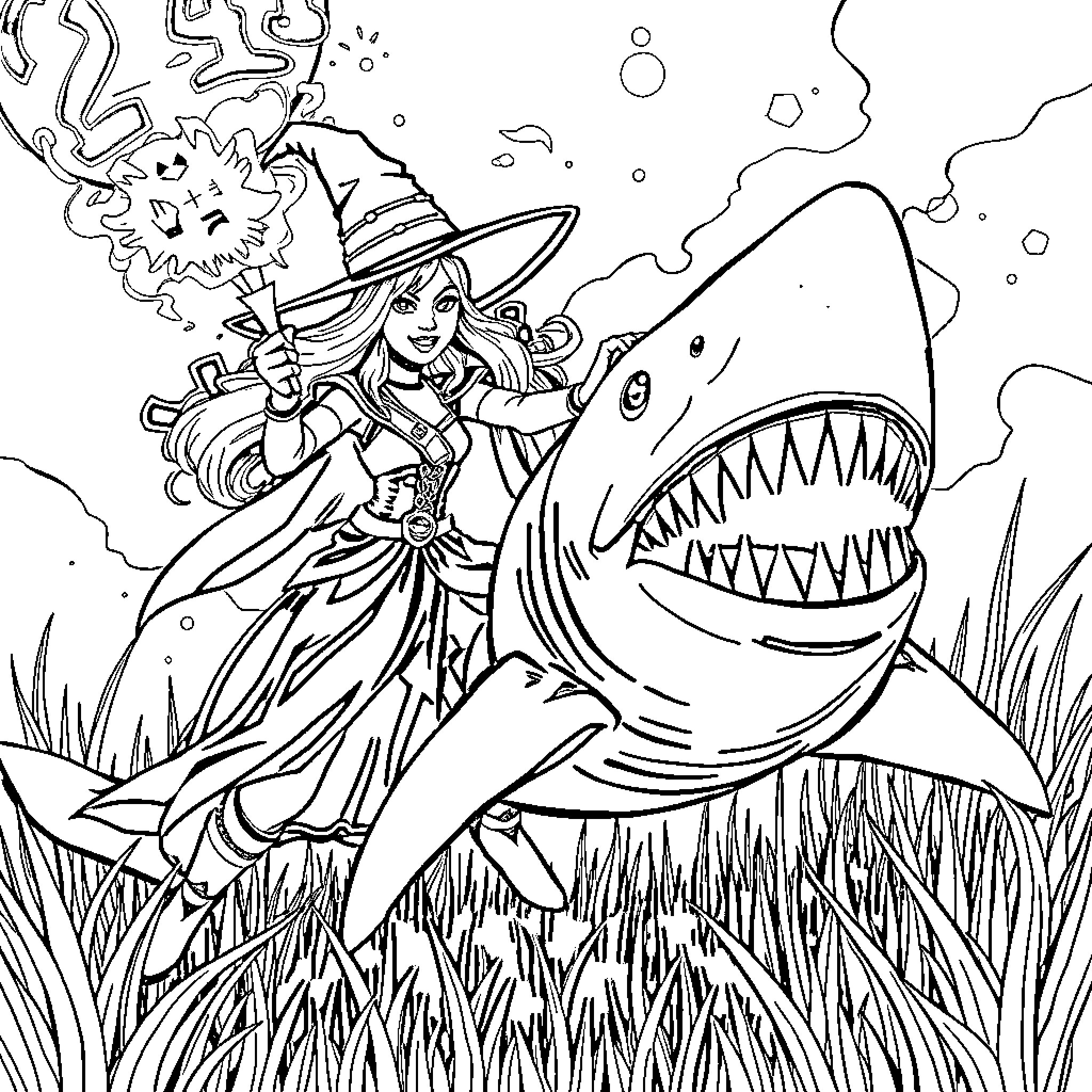 Magik Witch Battles Ferocious Shark Coloring Page (free black-and-white line drawing printable PDF for all, from beginners to advanced learners, including children, teens, adults, and seniors)