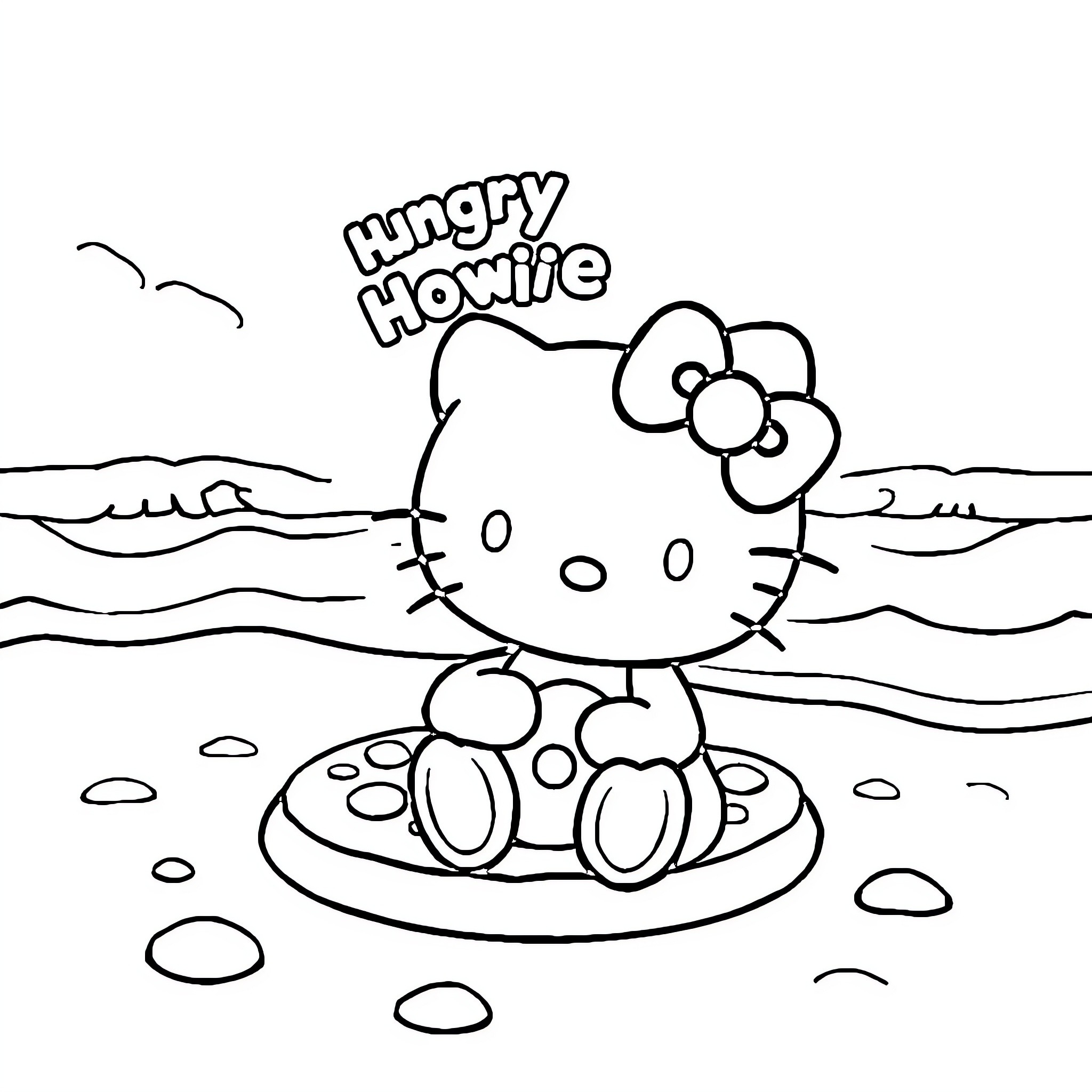 Hello Kitty enjoying a swim on the beach Coloring Page (free black-and-white line drawing printable PDF for all, from beginners to advanced learners, including children, teens, adults, and seniors)