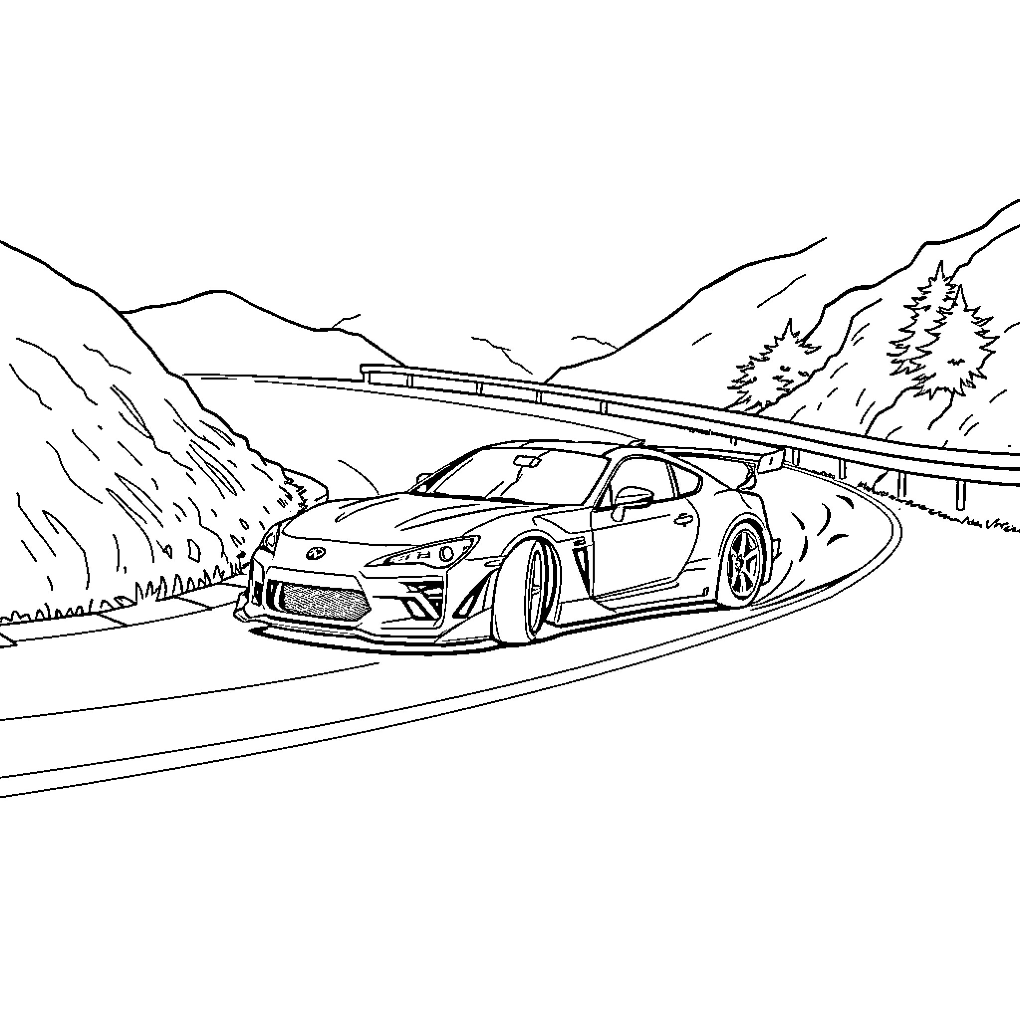 Car speeding on winding mountain road Coloring Page (free black-and-white line drawing printable PDF for all, from beginners to advanced learners, including children, teens, adults, and seniors)