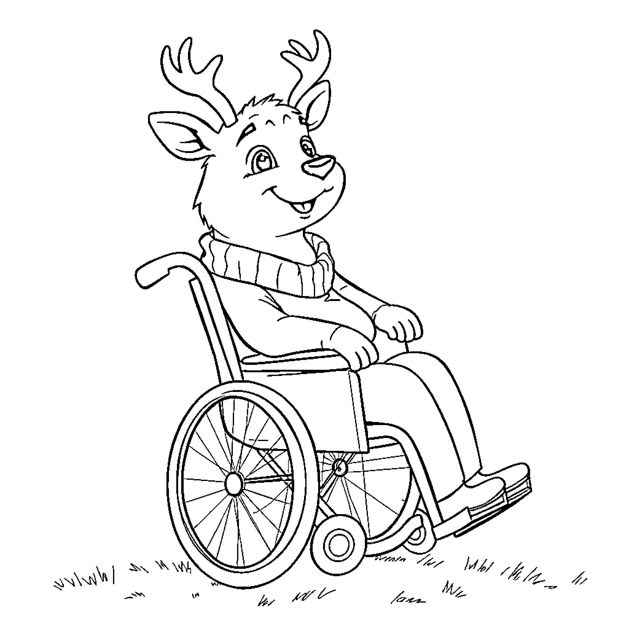 Whimsical reindeer character in wheelchair Coloring Page (free black-and-white line drawing printable PDF for all, from beginners to advanced learners, including children, teens, adults, and seniors)