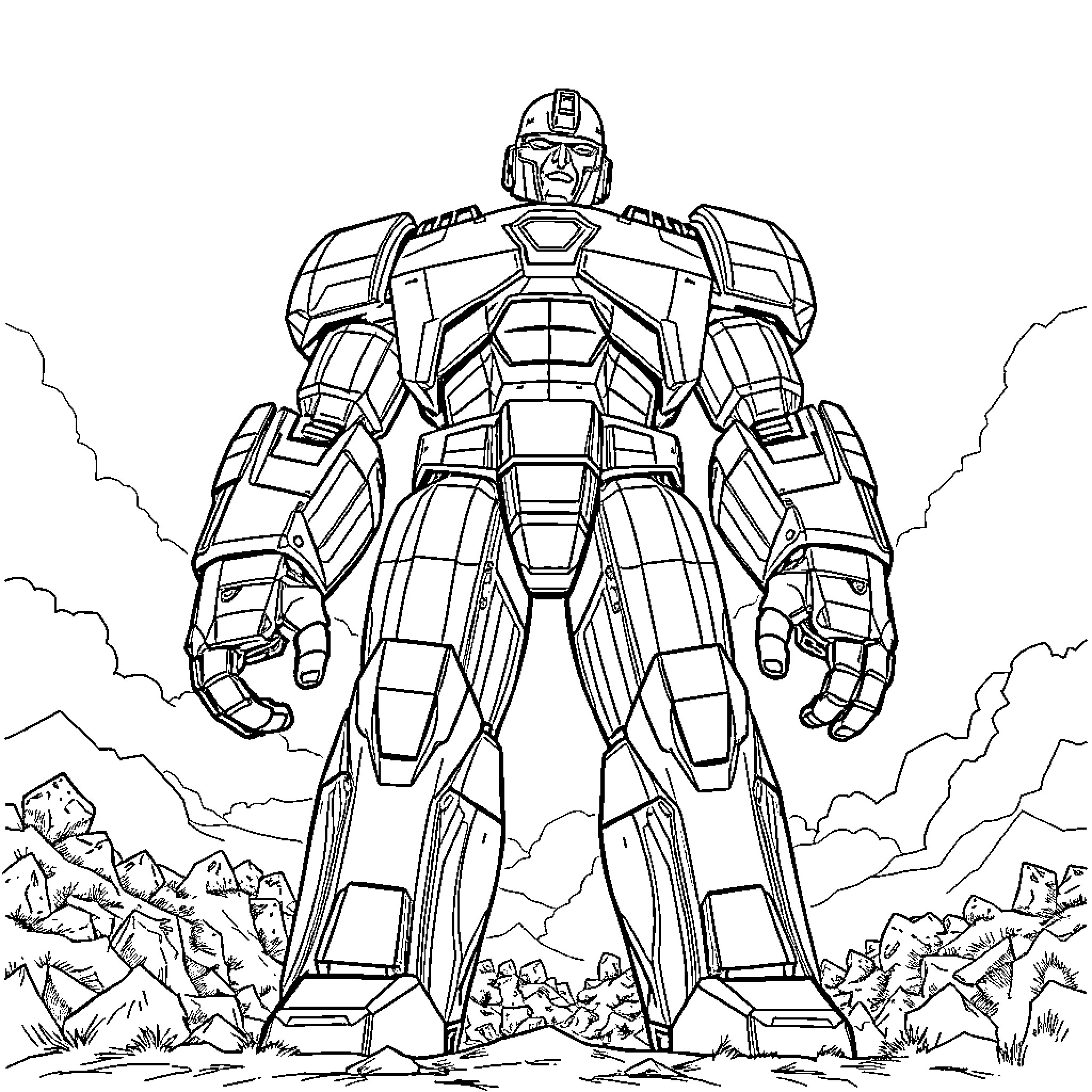 Giant Robotic Warrior in Dramatic Pose Coloring Page (free black-and-white line drawing printable PDF for all, from beginners to advanced learners, including children, teens, adults, and seniors)