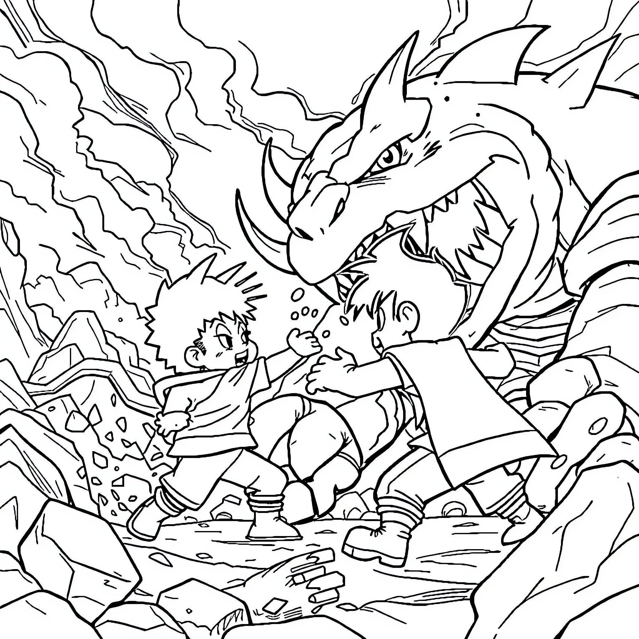 Boboiboy battling a fierce dragon Coloring Page (free black-and-white line drawing printable PDF for all, from beginners to advanced learners, including children, teens, adults, and seniors)