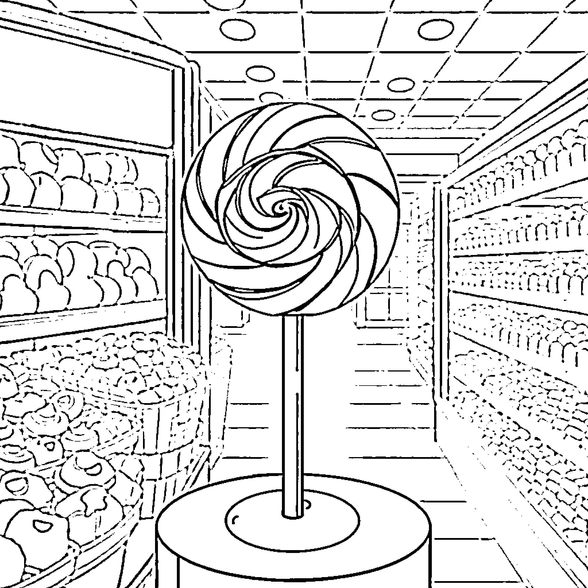 Lollipop on Display in Confectionery Aisle Coloring Page (free black-and-white line drawing printable PDF for all, from beginners to advanced learners, including children, teens, adults, and seniors)