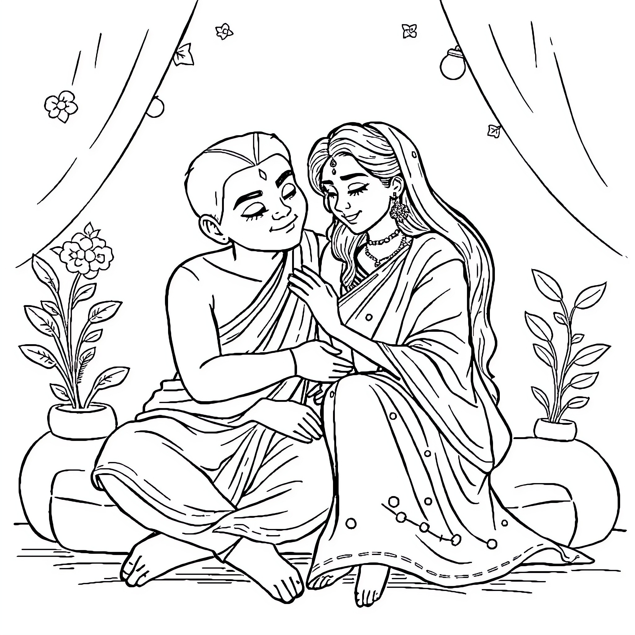 Pomni Loving Embrace of Affectionate Couple Coloring Page (free black-and-white line drawing printable PDF for all, from beginners to advanced learners, including children, teens, adults, and seniors)