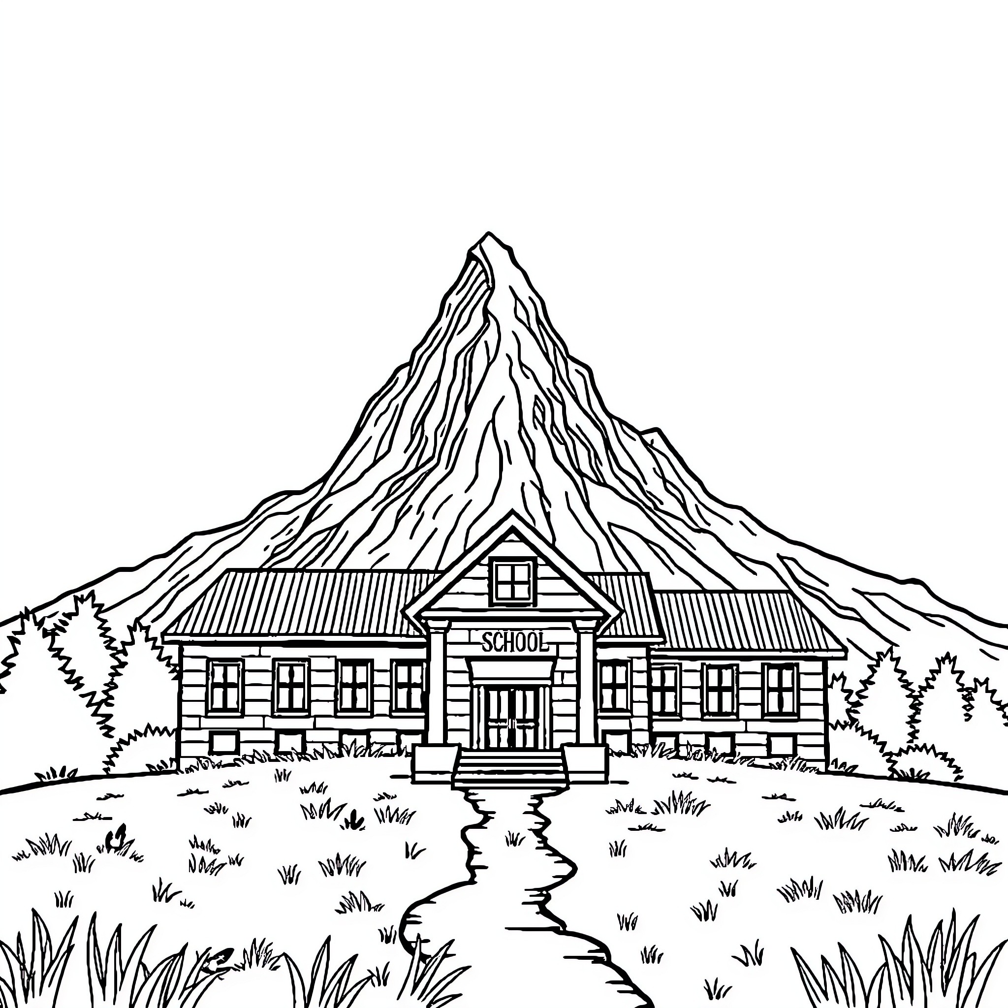 School in the Wilderness with Mountain Backdrop Coloring Page (free black-and-white line drawing printable PDF for all, from beginners to advanced learners, including children, teens, adults, and seniors)
