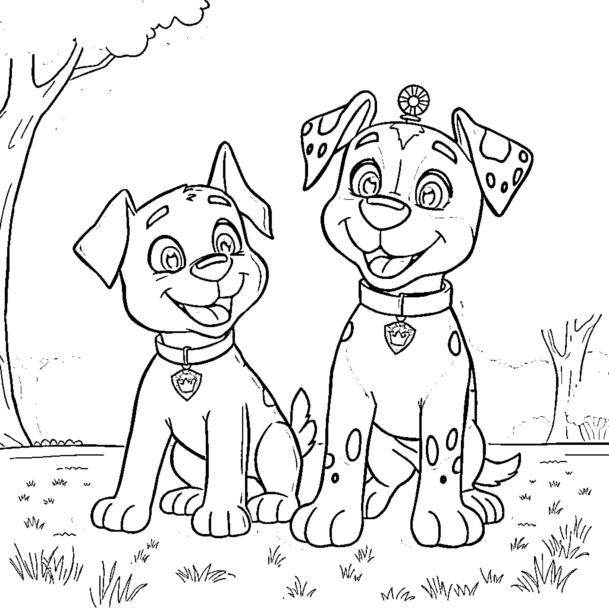 Bluey and Bingo playing happily in the outdoors Coloring Page (free black-and-white line drawing printable PDF for all, from beginners to advanced learners, including children, teens, adults, and seniors)