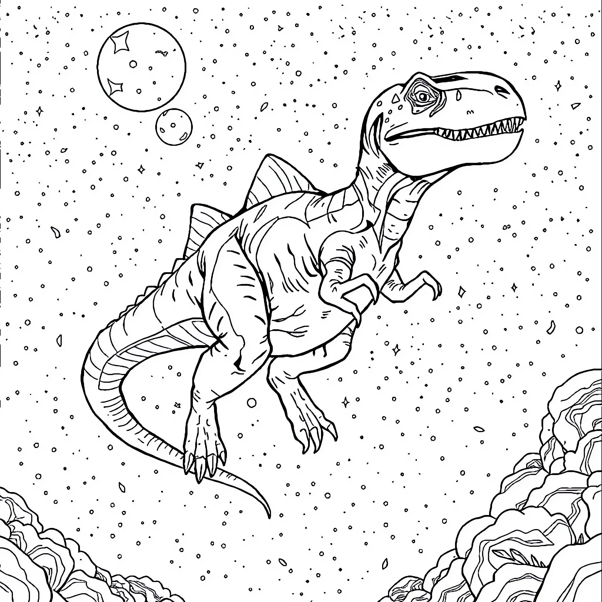 Dinosaur soaring through cosmic space Coloring Page (free black-and-white line drawing printable PDF for all, from beginners to advanced learners, including children, teens, adults, and seniors)