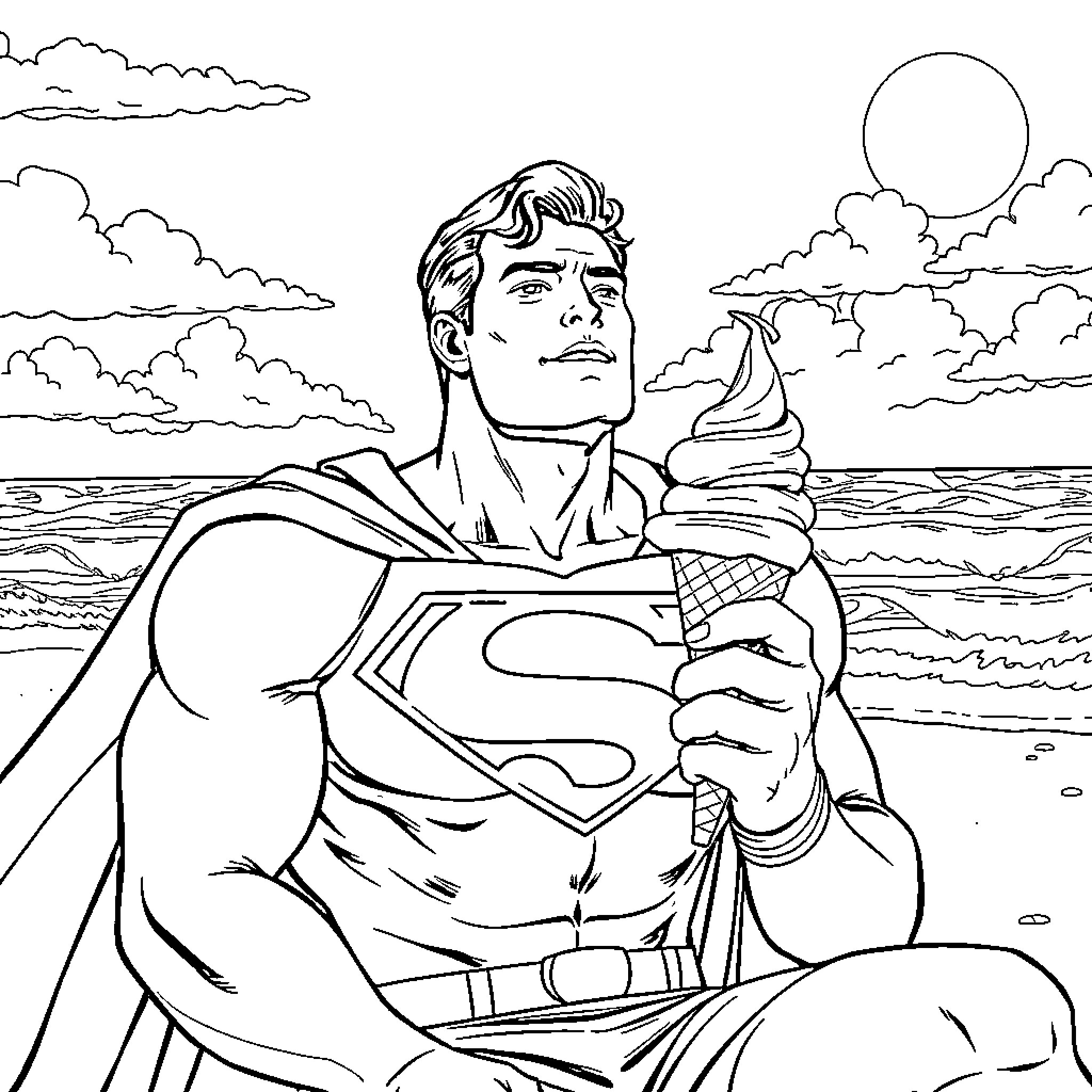 Superman enjoying an ice cream by the ocean Coloring Page (free black-and-white line drawing printable PDF for all, from beginners to advanced learners, including children, teens, adults, and seniors)