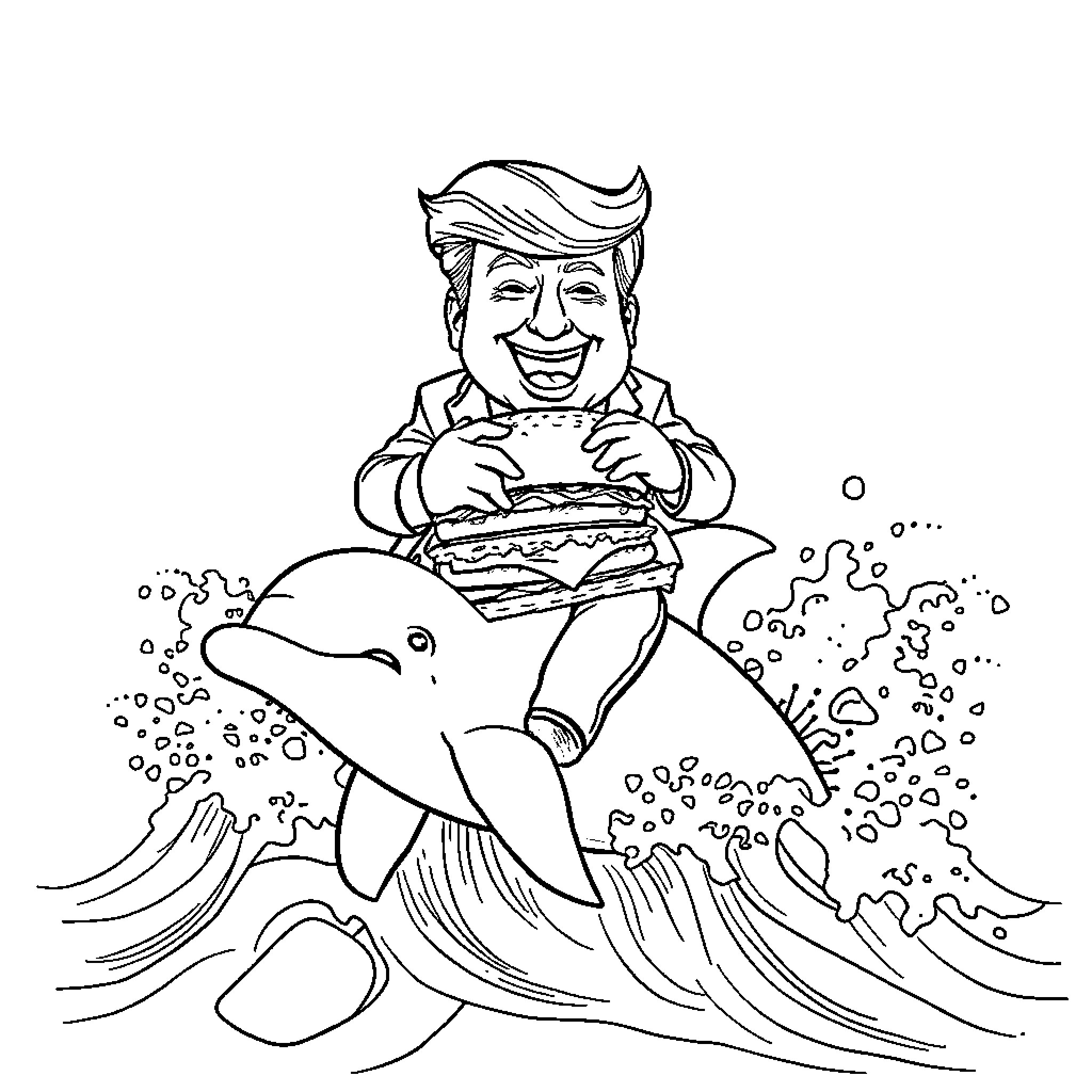 Donald Trump Enjoys Underwater Dining with Dolphin Coloring Page (free black-and-white line drawing printable PDF for all, from beginners to advanced learners, including children, teens, adults, and seniors)