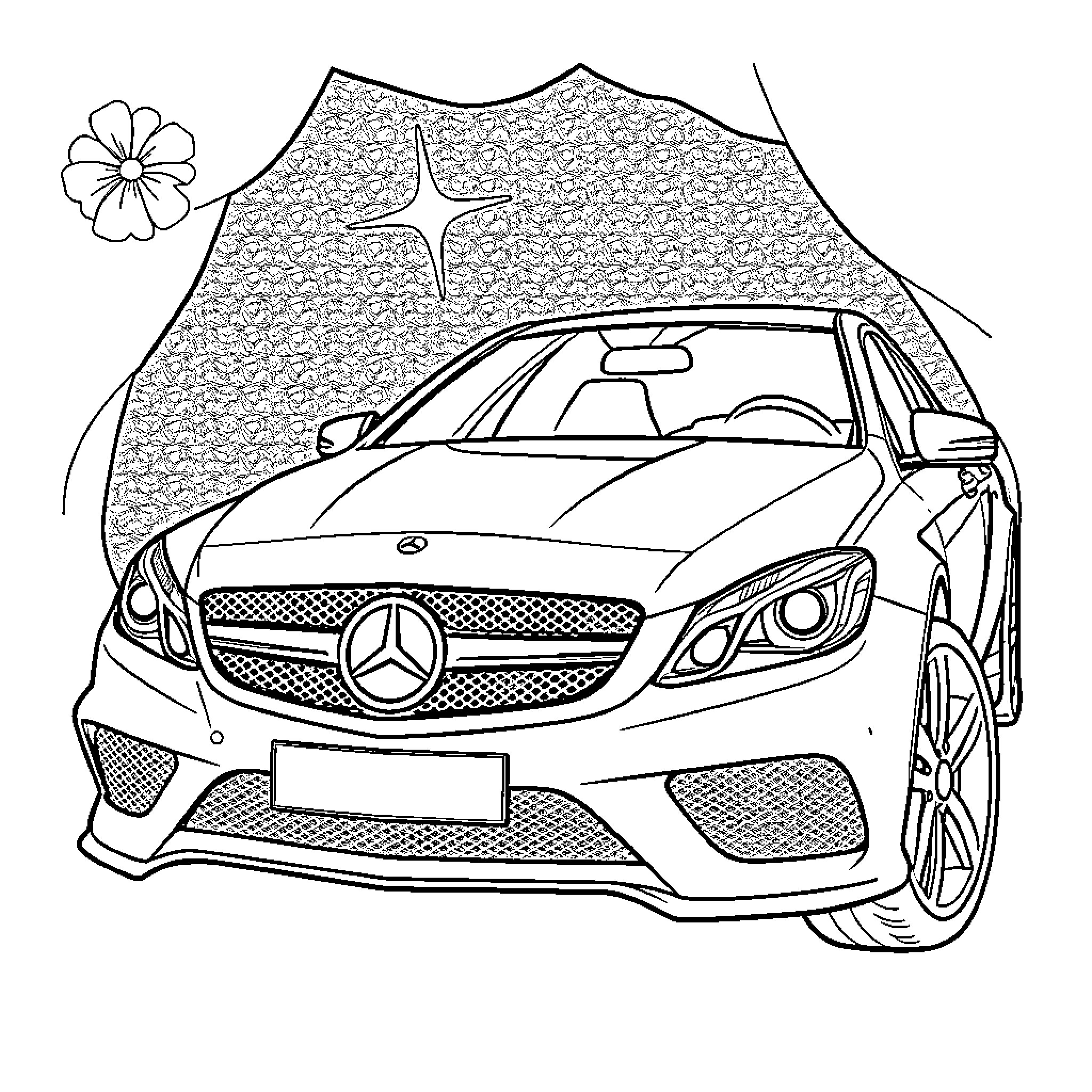 Mercedes luxury car on scenic mountain road Coloring Page (free black-and-white line drawing printable PDF for all, from beginners to advanced learners, including children, teens, adults, and seniors)