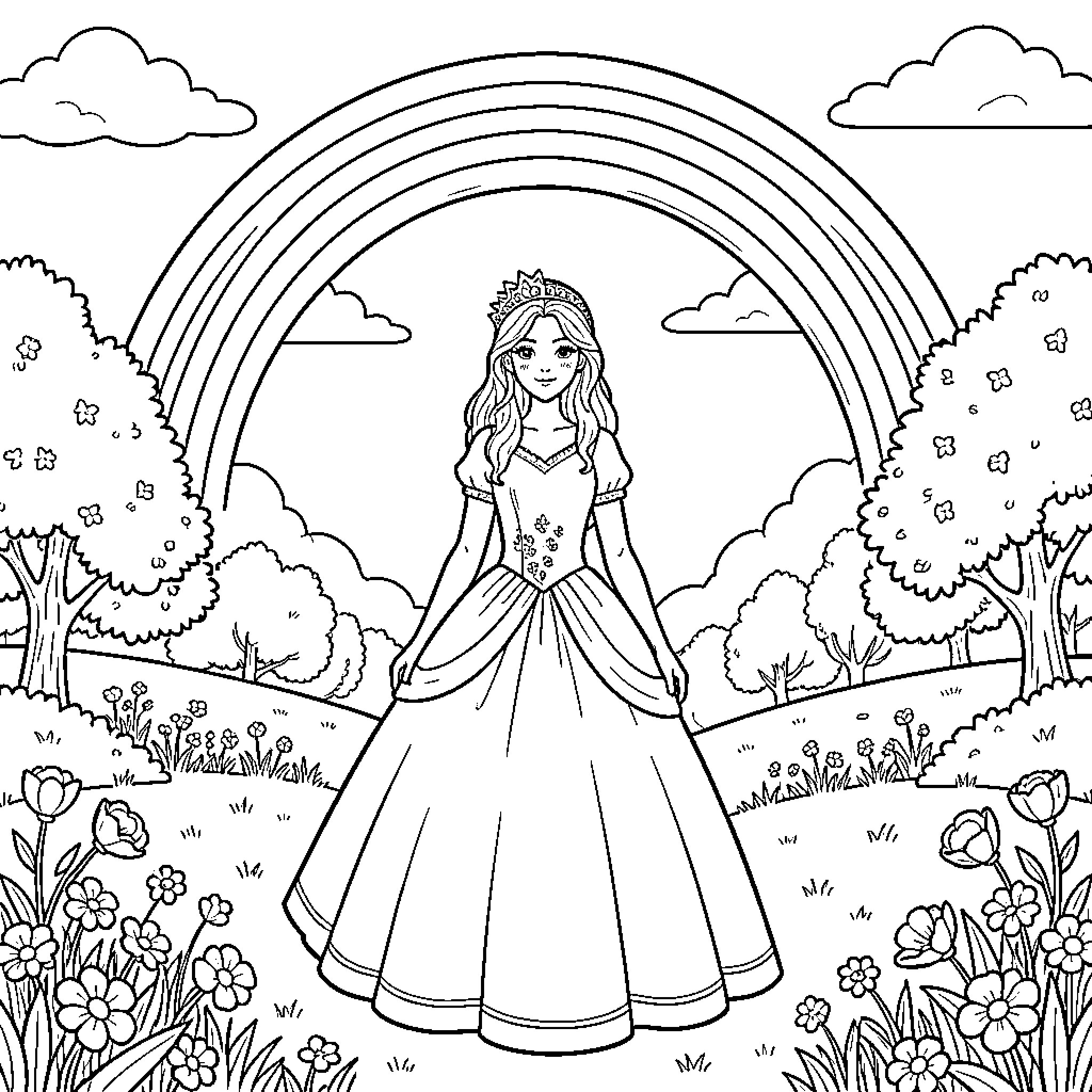 Princess standing gracefully under a large rainbow Coloring Page (free black-and-white line drawing printable PDF for all, from beginners to advanced learners, including children, teens, adults, and seniors)