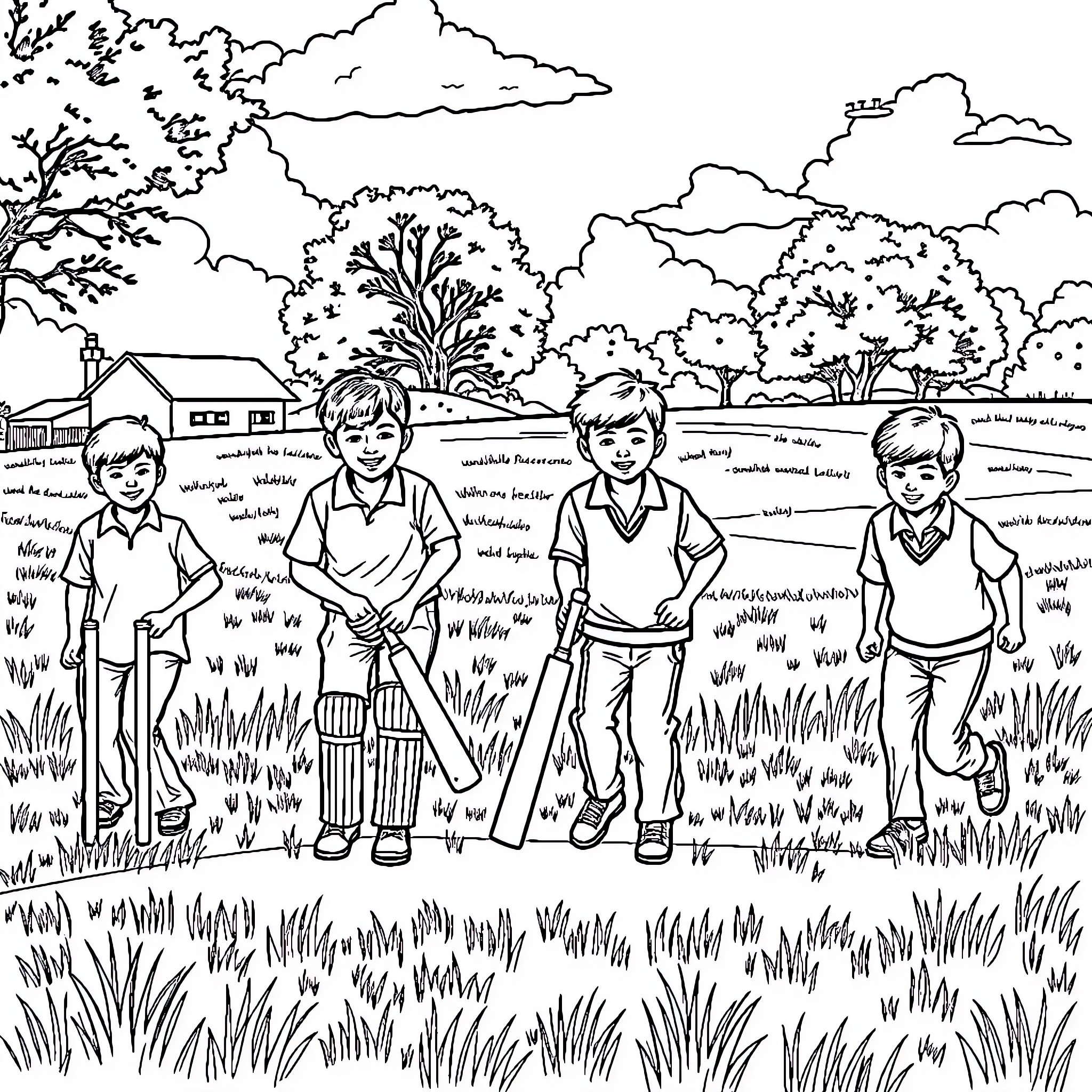 Boys enjoying outdoor activities in a scenic landscape Coloring Page (free black-and-white line drawing printable PDF for all, from beginners to advanced learners, including children, teens, adults, and seniors)
