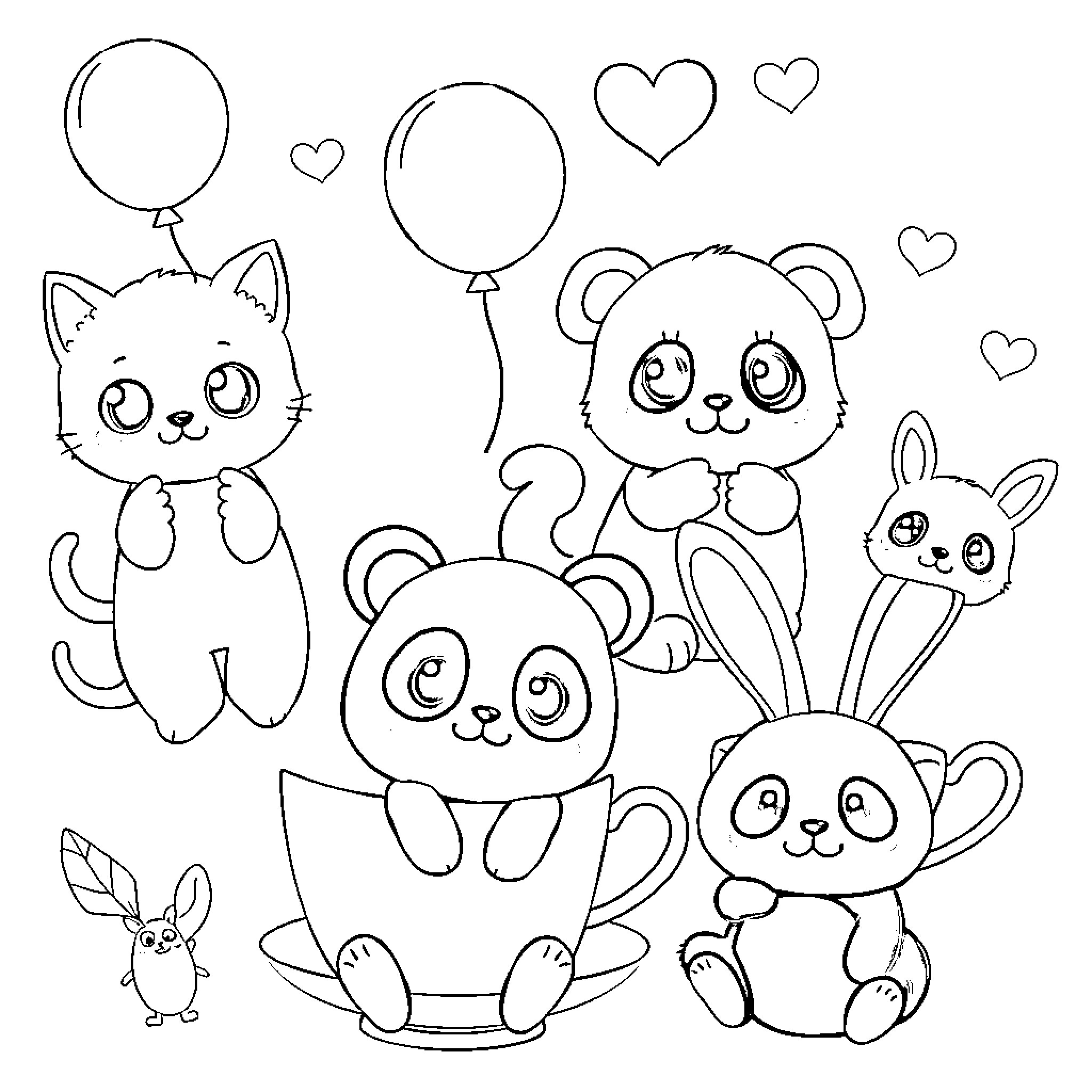 Kawaii Animal Friends Happily Playing Coloring Page (free black-and-white line drawing printable PDF for all, from beginners to advanced learners, including children, teens, adults, and seniors)