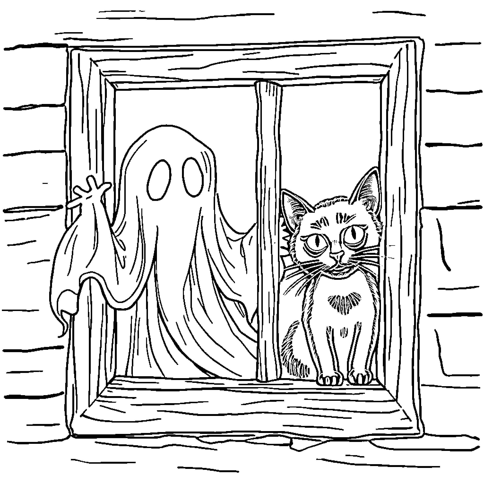 Ghost peering through window with curious cat Coloring Page (free black-and-white line drawing printable PDF for all, from beginners to advanced learners, including children, teens, adults, and seniors)