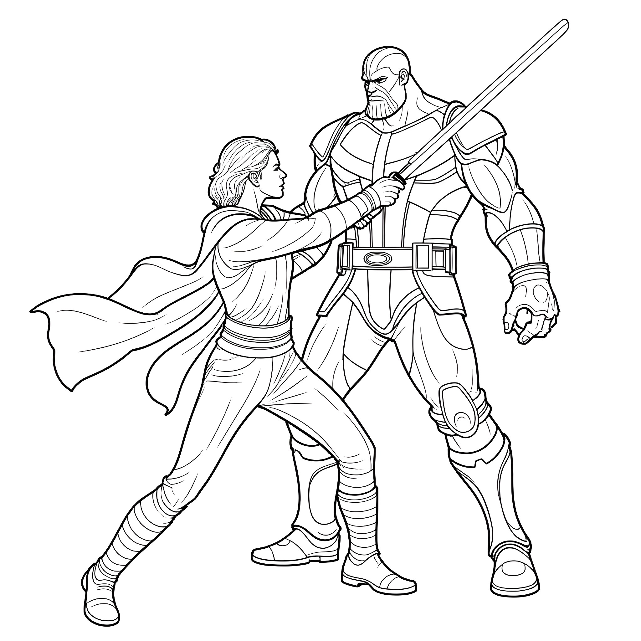 Kylo Ren and Jedi Knight in Fierce Combat Coloring Page (free black-and-white line drawing printable PDF for all, from beginners to advanced learners, including children, teens, adults, and seniors)