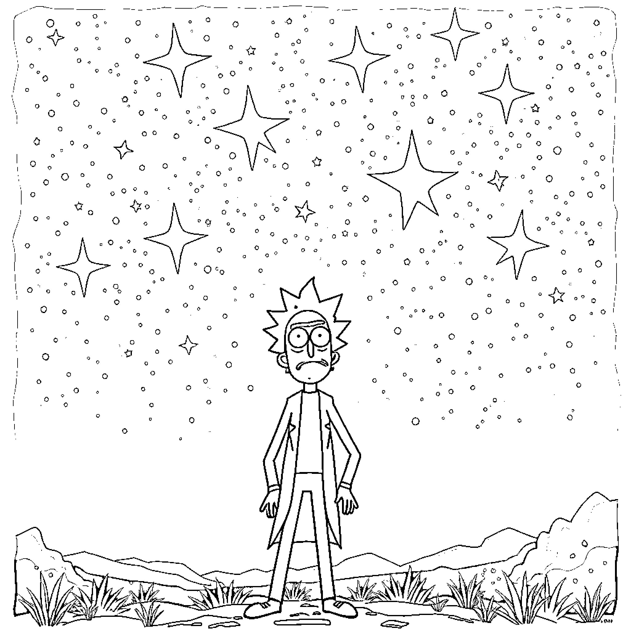 Rick standing confused under a starry night sky Coloring Page (free black-and-white line drawing printable PDF for all, from beginners to advanced learners, including children, teens, adults, and seniors)