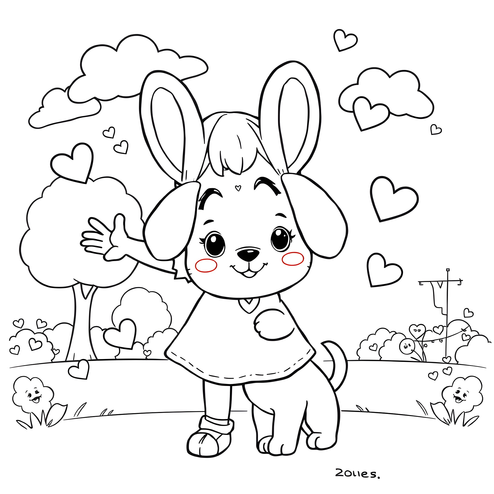 Girl Bunny Playing Happily in the Park Coloring Page (free black-and-white line drawing printable PDF for all, from beginners to advanced learners, including children, teens, adults, and seniors)
