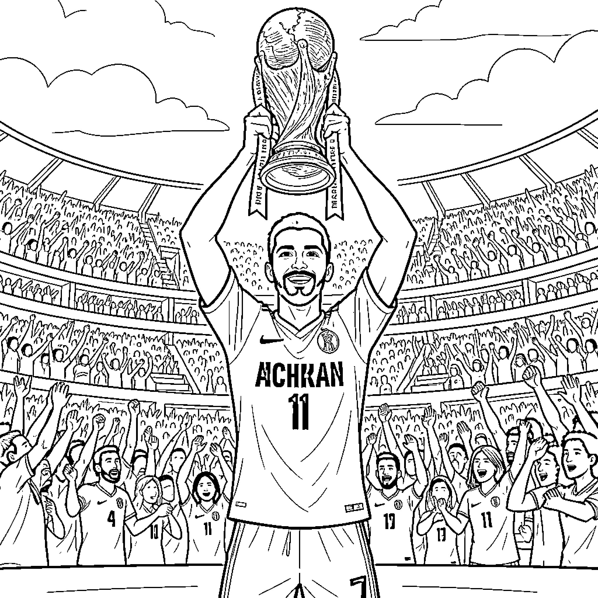 Achraf Hakimi lifting a trophy in a crowded stadium Coloring Page (free black-and-white line drawing printable PDF for all, from beginners to advanced learners, including children, teens, adults, and seniors)